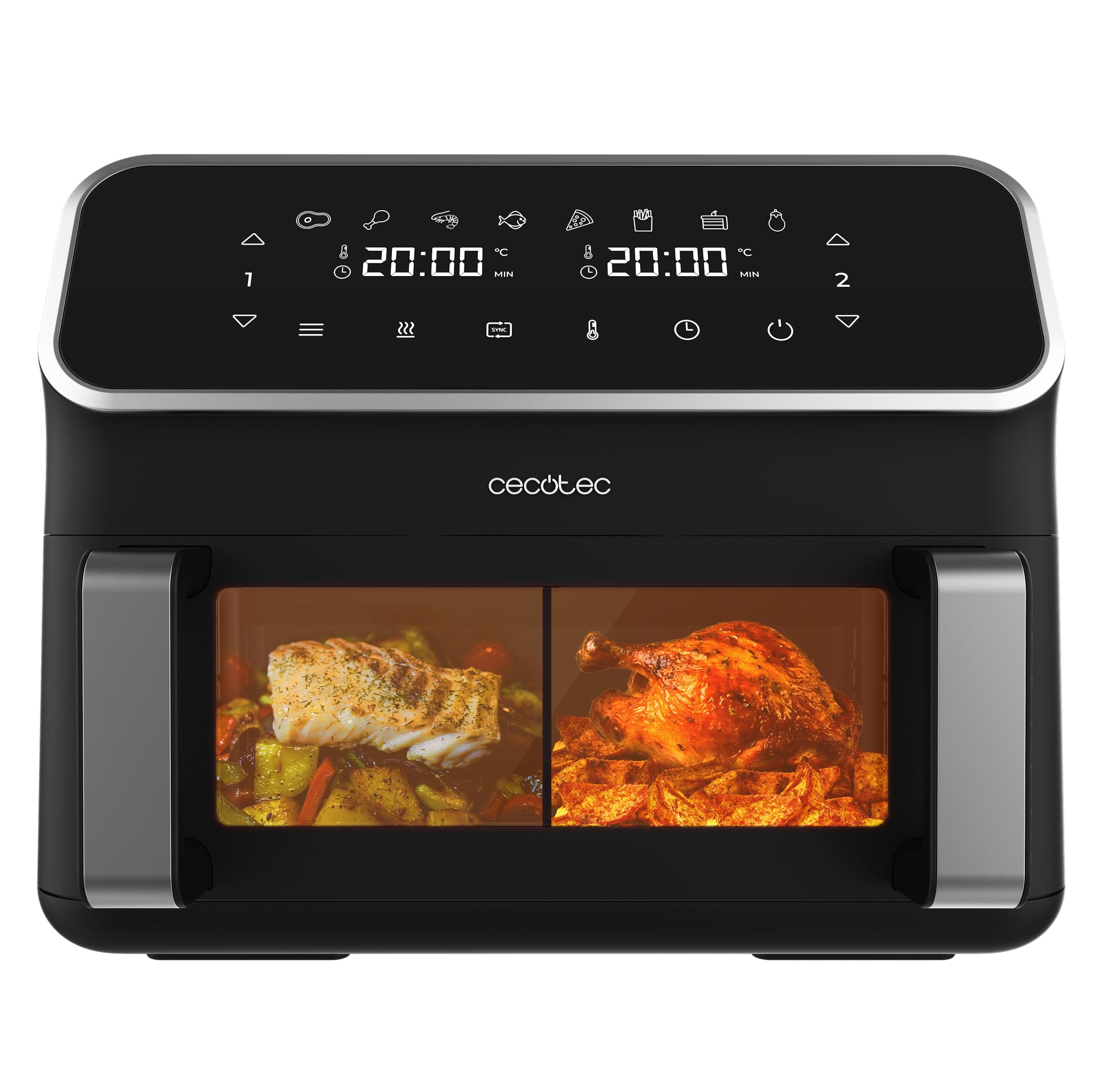 سرخ کن هوای گرم Cecotec 9 لیتری CecoFry Advance Double. سرخ کن رژیمی دیجیتال، جمع و جور و بدون روغن، ۲۸۵۰ وات، دو سبد با دمای دوگانه و فناوری PerfectCook