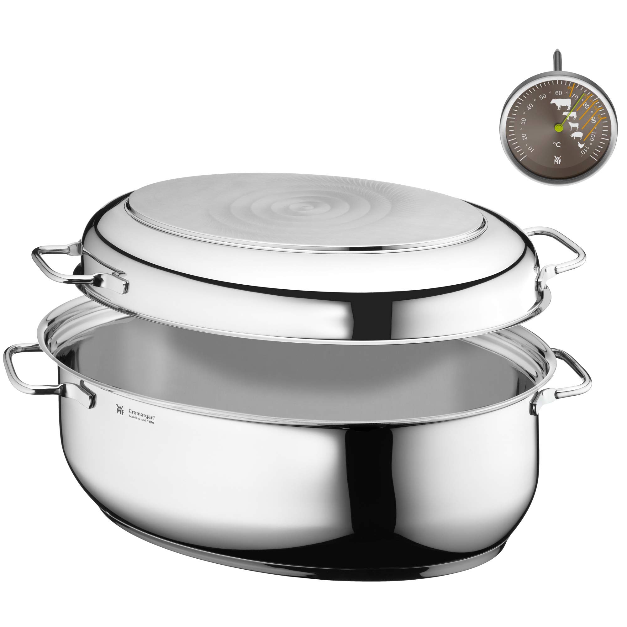 ماهیتابه WMF با درب، مناسب برای فر، ۸.۵ لیتر، سازگار با فر القایی، استیل ضد زنگ Cromargan، درب القایی، دماسنج گوشت، ۴۱x۲۸.۵x۱۸ سانتی‌متر. شامل دماسنج گوشت.