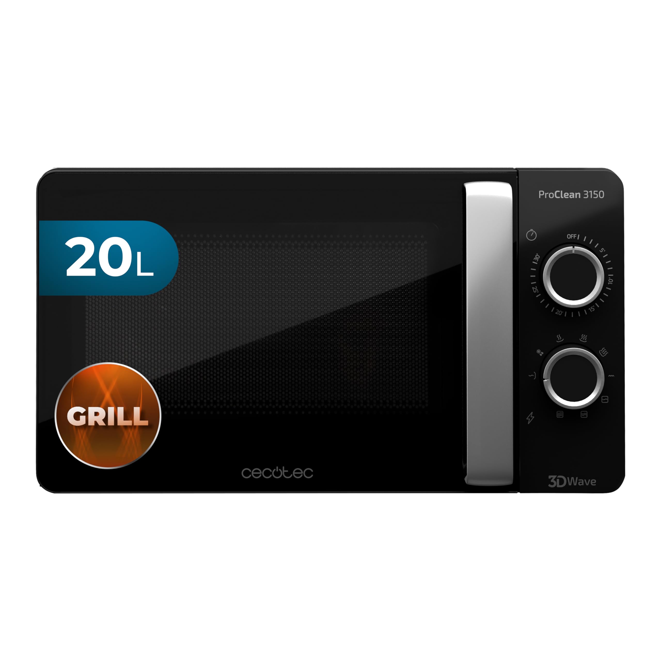 مایکروویو Cecotec Pro Clean 3150 700 W کوارتز گریل 800 W 20 L چراغ در آینه جلو نقره ای با صیقلی بالا 3D Wave Ready 2 Clean 30 دقیقه زمان پخت تایمر 6 سطح 2 صفحه به رنگ مشکی نقره ای