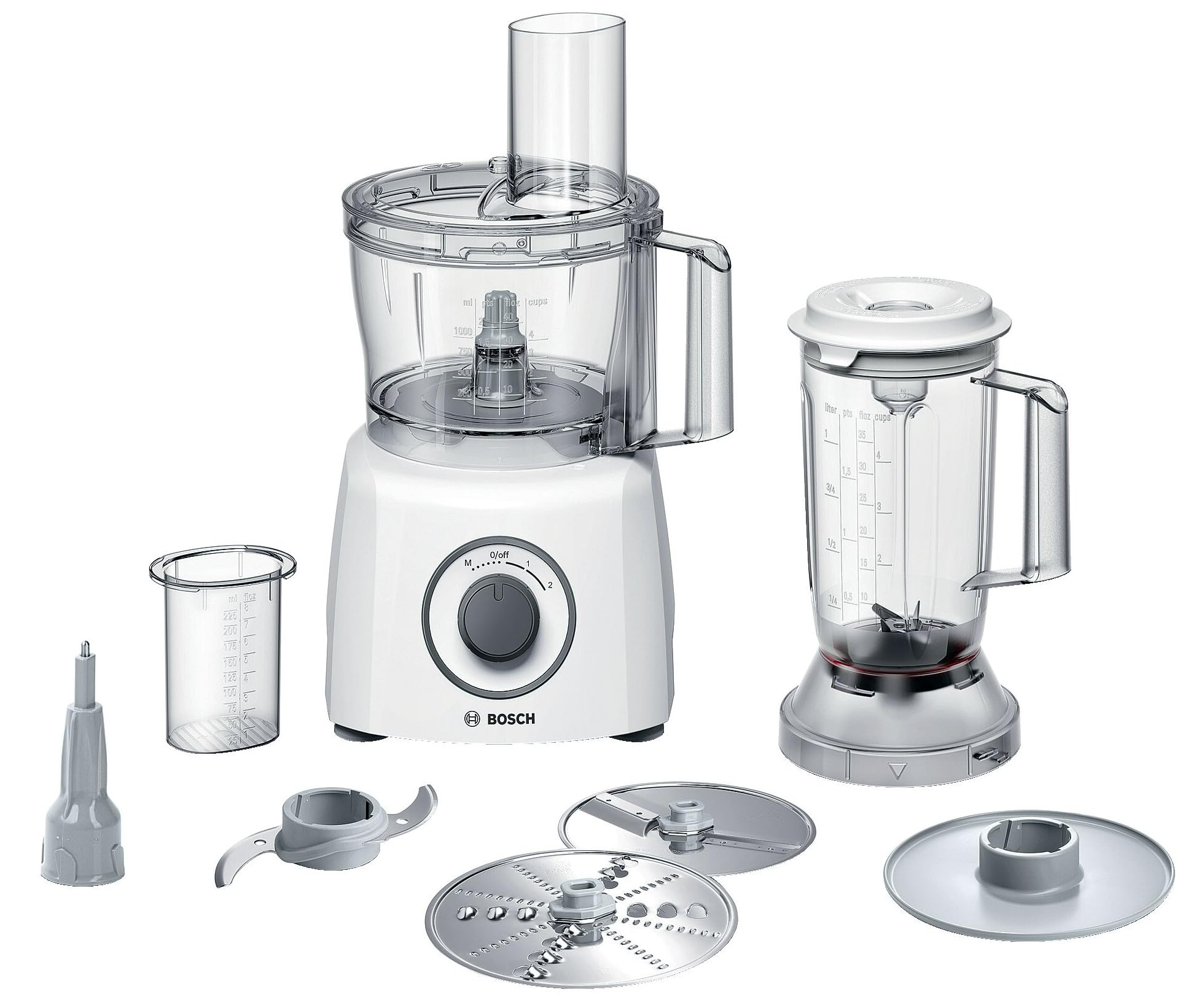 غذا ساز بوش آلمان  Bosch Multi Talent 3 MCM3200W، 30 کارکرد، تیغه جهانی، برش و رنده، دیسک ضرب، سفید، کاسه مخلوط کن 800 وات، 2.3 لیتر، همزن 1.0 لیتری