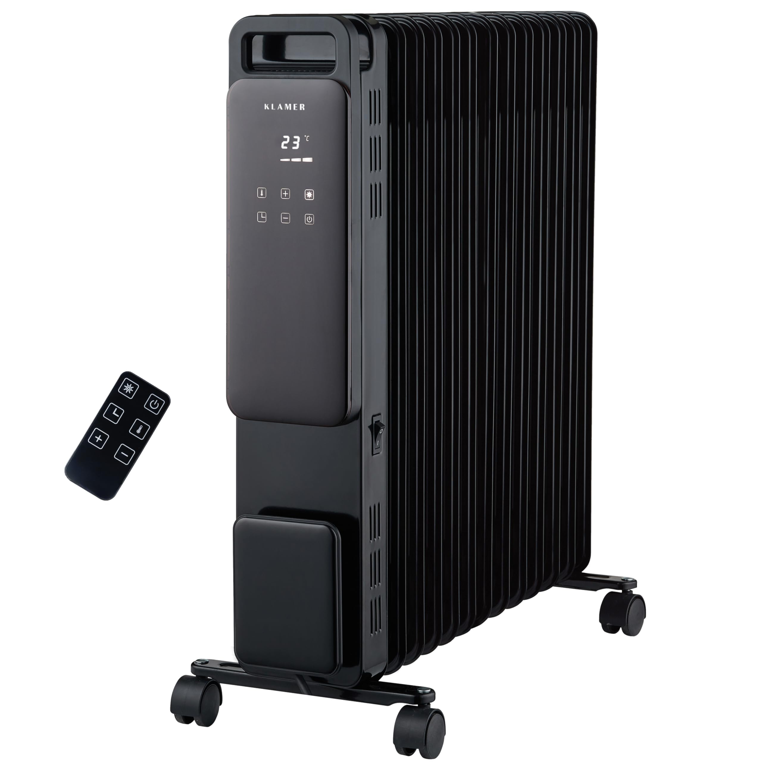 شوفاژ روغنی برقی کلامر آلمانKLAMER 2500 وات، بخاری برقی کم مصرف، 13 پره، 3 تنظیم حرارت با حالت اکو، تایمر 24 ساعته، ترموستات، حفاظت در برابر گرمای بیش از حد و برعکس، با کنترل از راه دور، برای مصارف داخلی، مشکی