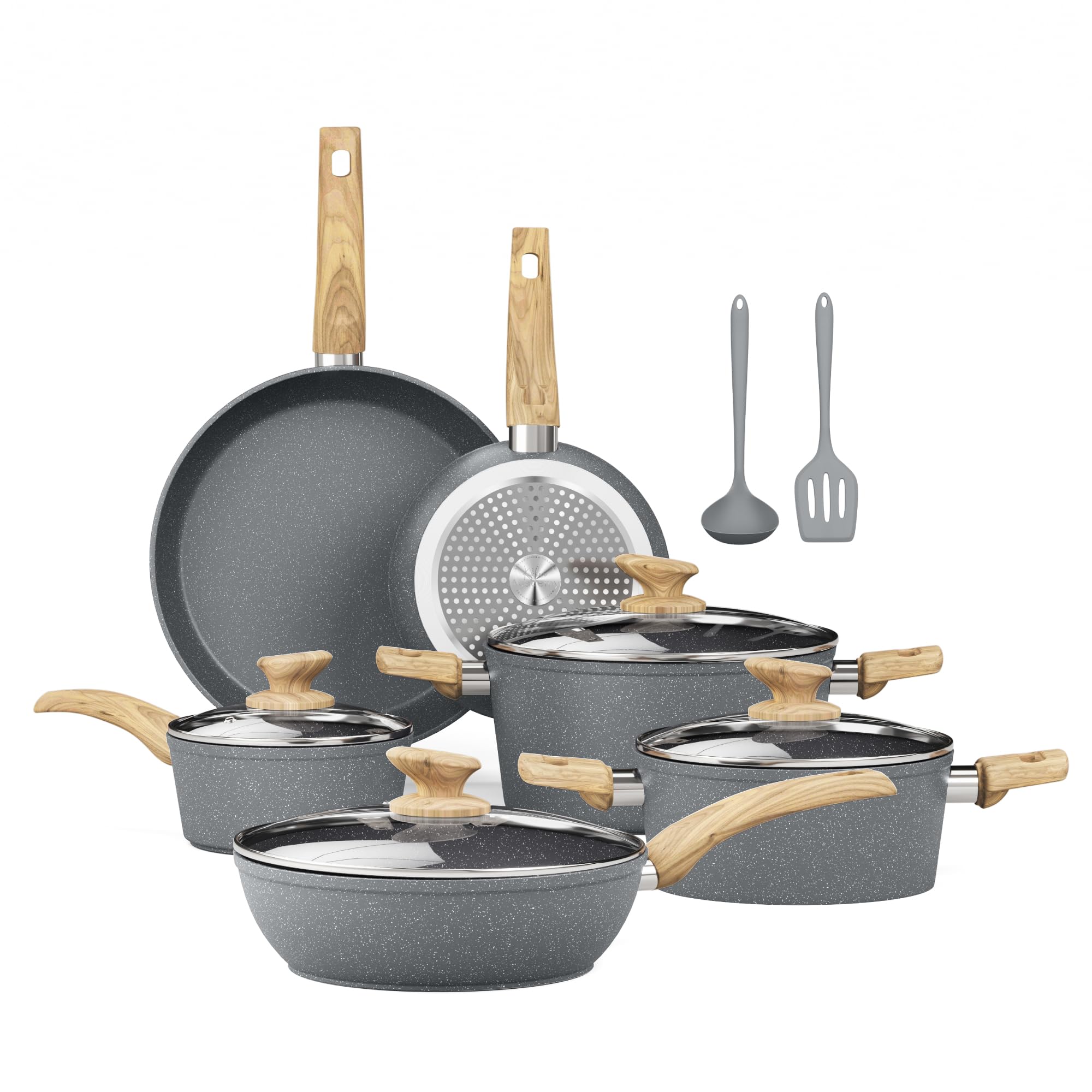 سرویس قابلمه القایی کیچن آکادمی - سرویس قابلمه گرانیتی خاکستری ۱۲ پارچه، قابلمه و ماهیتابه نچسب، بدون PFOA و PFOS