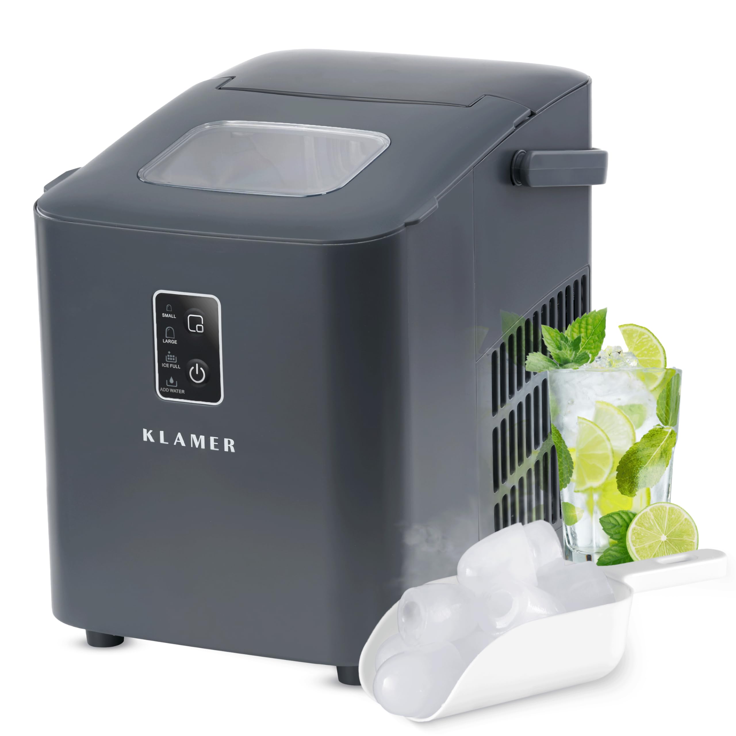 یخ ساز کلامر آلمان KLAMER (2025)، 8 تکه یخ در 8 دقیقه، 11 کیلوگرم یخ در روز، 2 اندازه مکعب یخ، مخزن آب 1 لیتری، یخ ساز بی صدا با قاشق یخ و دسته حمل