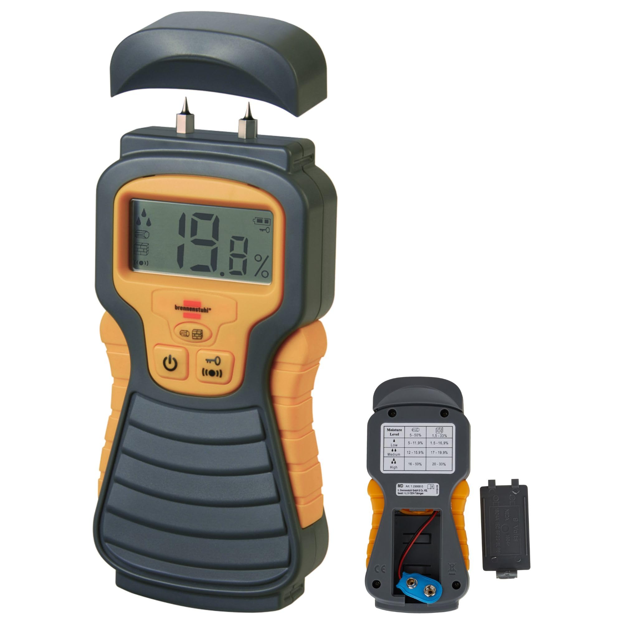رطوبت سنج Brennenstuhl MD (رطوبت سنج/رطوبت سنج چوب یا مصالح ساختمانی، رطوبت سنج چوب با صفحه نمایش LCD، بدون باتری) خاکستری ۱ بدون باتری