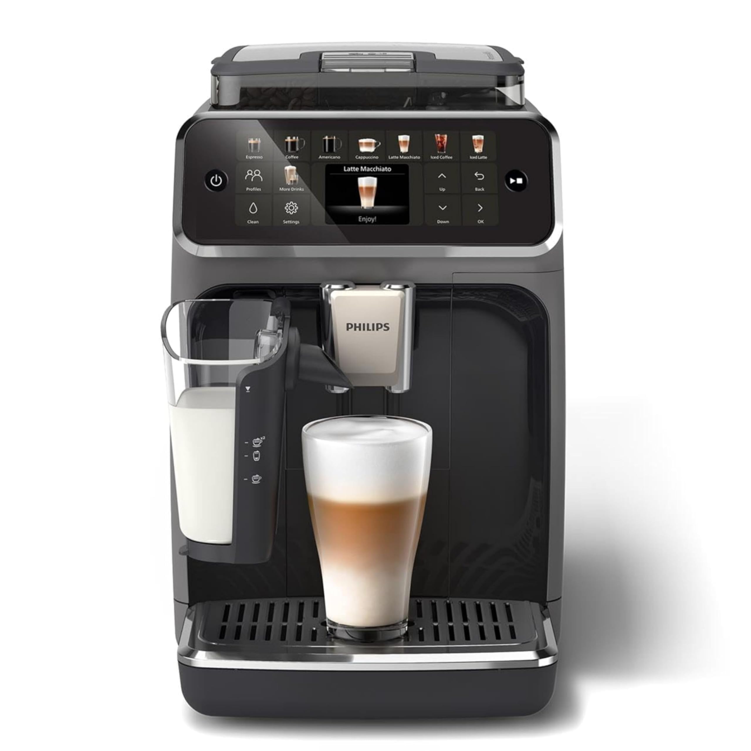 اسپرسو قهوه ساز تمام اتوماتیک فیلیپس PHILIPS Series 5500 از جمله Latte Go، فناوری SilentBrew، شروع سریع. قهوه معطر از دانه های تازه آسیاب شده، 20 نوشیدنی گرم و سرد، خاکستری (EP5544/50)