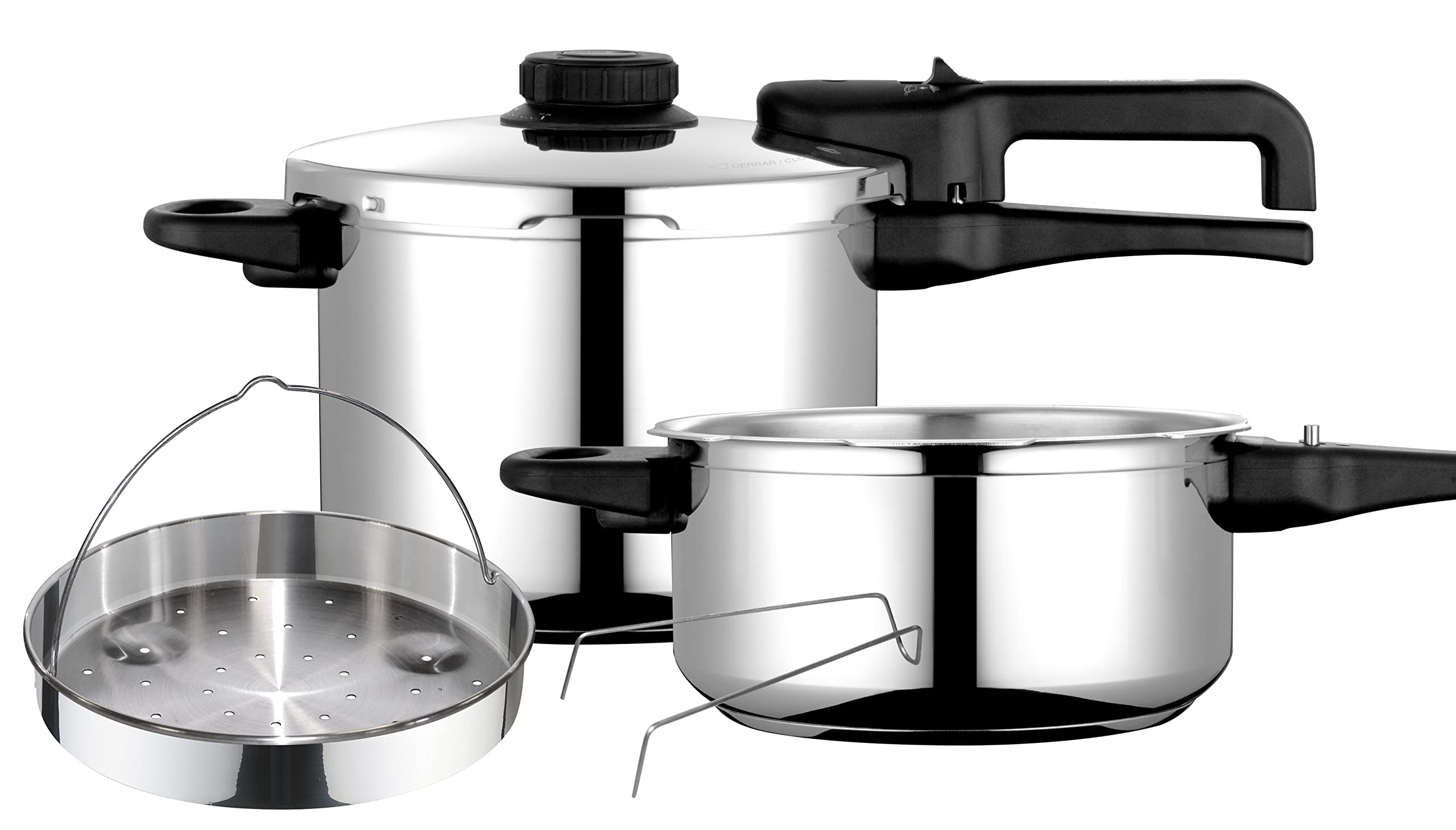 زودپز فاگور اسپانیا Dual Xpress 6 + 4 لیتر، القایی، زودپز فوق سریع، استیل ضد زنگ 18/10، انواع اجاق گاز، پایه ترمو دیفیوزر، تنظیم کننده فشار، 5 سیستم ایمنی، شامل سبد بخار