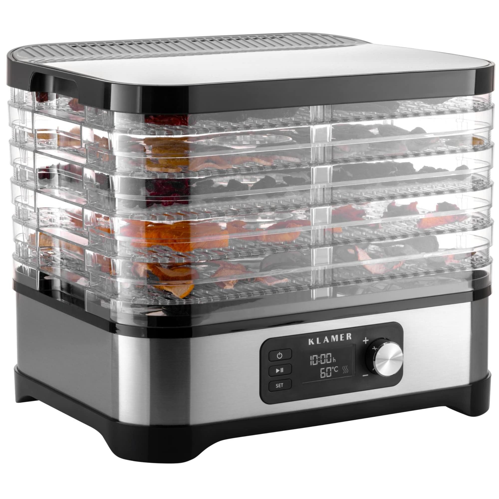 خشک کن میوه کلامر آلمان KLAMER 400 وات، تایمر 24 ساعته و کنترل دمای 35-70 درجه سانتیگراد، 5 سینی قابل تنظیم ارتفاع، خشک کن با پانل فولادی ضد زنگ، بدون BPA