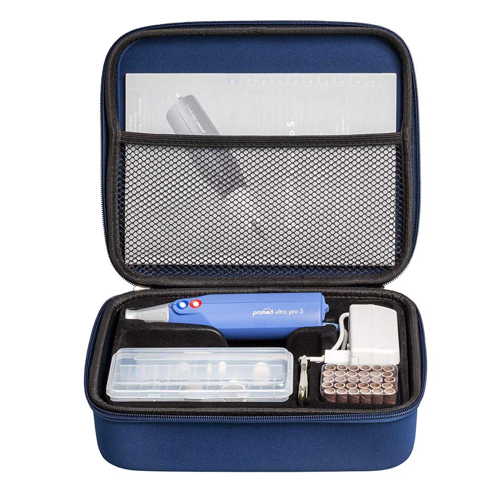 ست مانیکور/پدیکور برقی Promed Ultra Pro S با 11 قطعه جانبی، 30 عدد سرپوش سمباده شامل کیف نگهداری، سوهان ناخن برقی، ناخن‌گیر، 13000 دور در دقیقه Ultra pro S شامل 42 قطعه لوازم جانبی