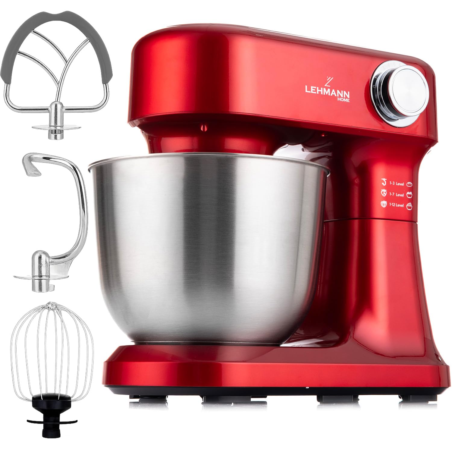 همزن ایستاده LEHMANN با مجموعه لوازم جانبی، ۱۵۰۰ وات، همزن با ۱۲ سرعت، کاسه ۵ لیتری، محافظ گرمای بیش از حد، ضد لغزش، دستگاه ورز دهنده با ۳ سری همزن و محافظ پاشش آب، قرمز