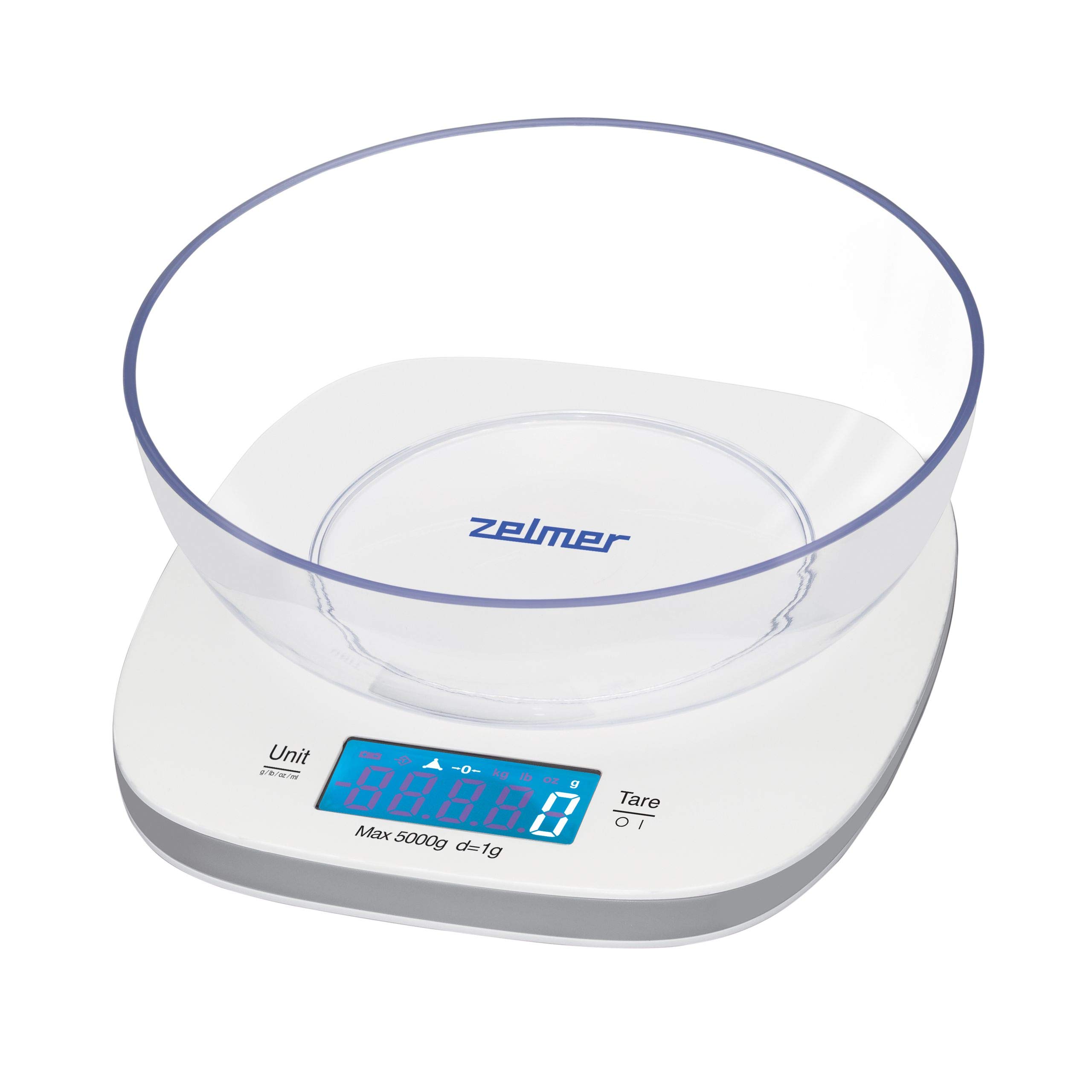 ترازو آشپزخانه دیجیتال زلمر لهستان Zelmer ZKS1450 با کاسه از ۱ گرم تا ۵ کیلوگرم با صفحه نمایش LCD قابلیت پارسنگ
