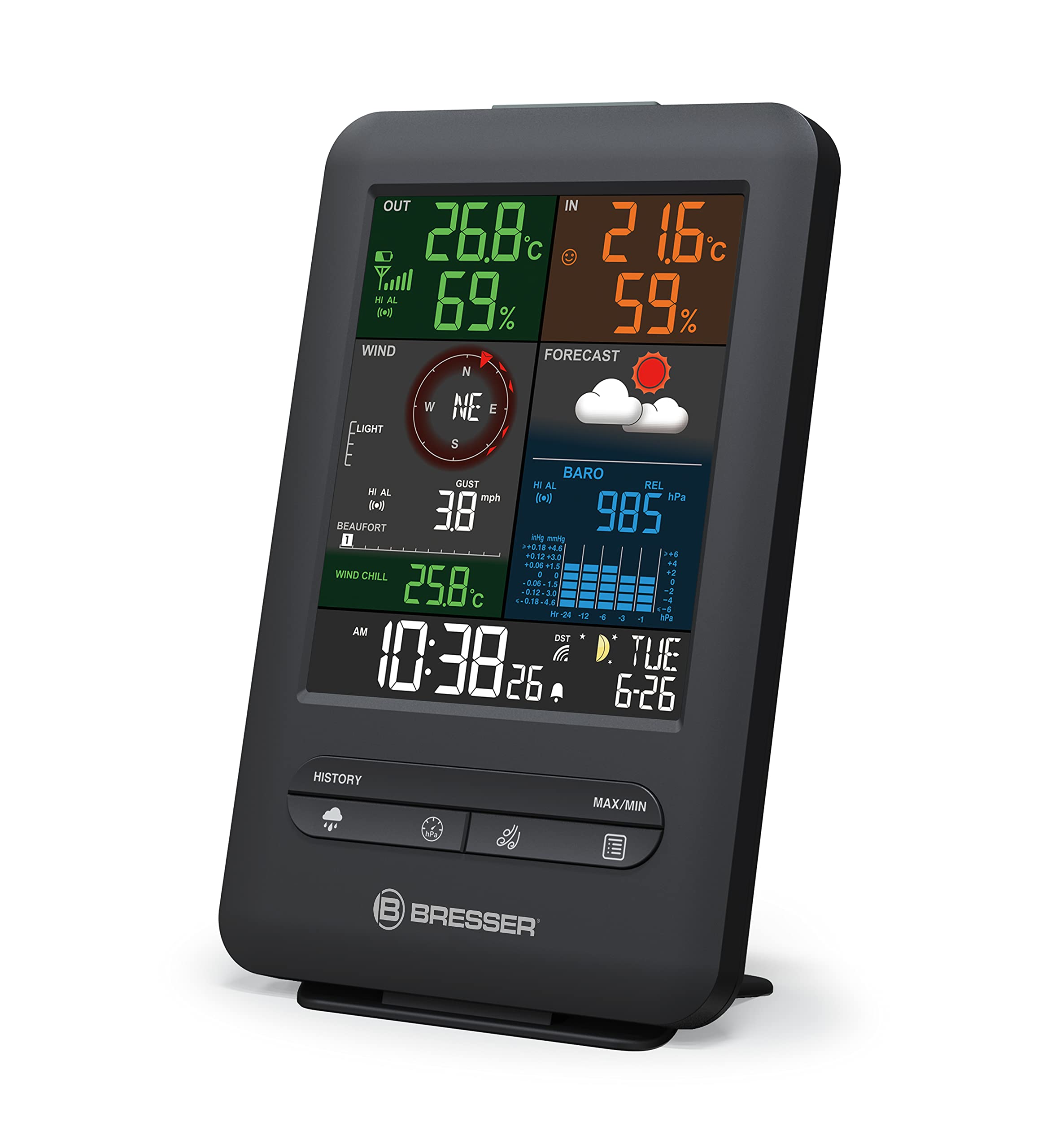 ایستگاه پایه اضافی Bresser برای ایستگاه هواشناسی بی‌سیم 7002525، مرکز هواشناسی 5 در 1 Beaufort با نشانگر آب و هوای داخلی و ساعت زنگ‌دار یکپارچه با عملکرد هشدار یخ، ایستگاه پایه، مشکی