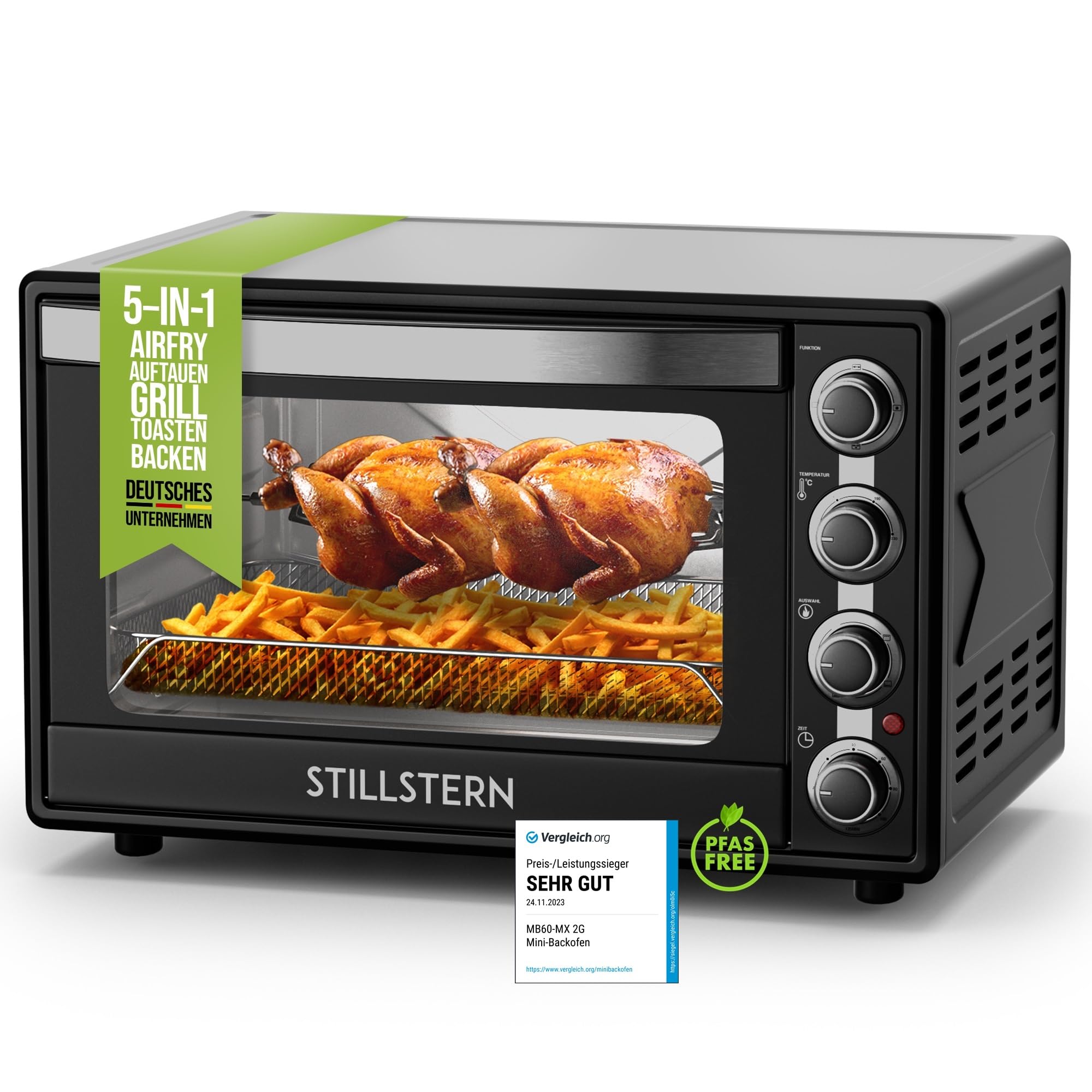 فر مینی اشتیل‌شتِرن آلمان با کانوکشن (60 لیتر) جدید: CYCLONE PRO+ (روکش نچسب)، نسخه DE، داخل سرخ کن هوا، کتابچه دستور غذا، جوجه گردان، مینی فر پیتزا گریل توستر 2200 واتی همچنین برای کمپینگ