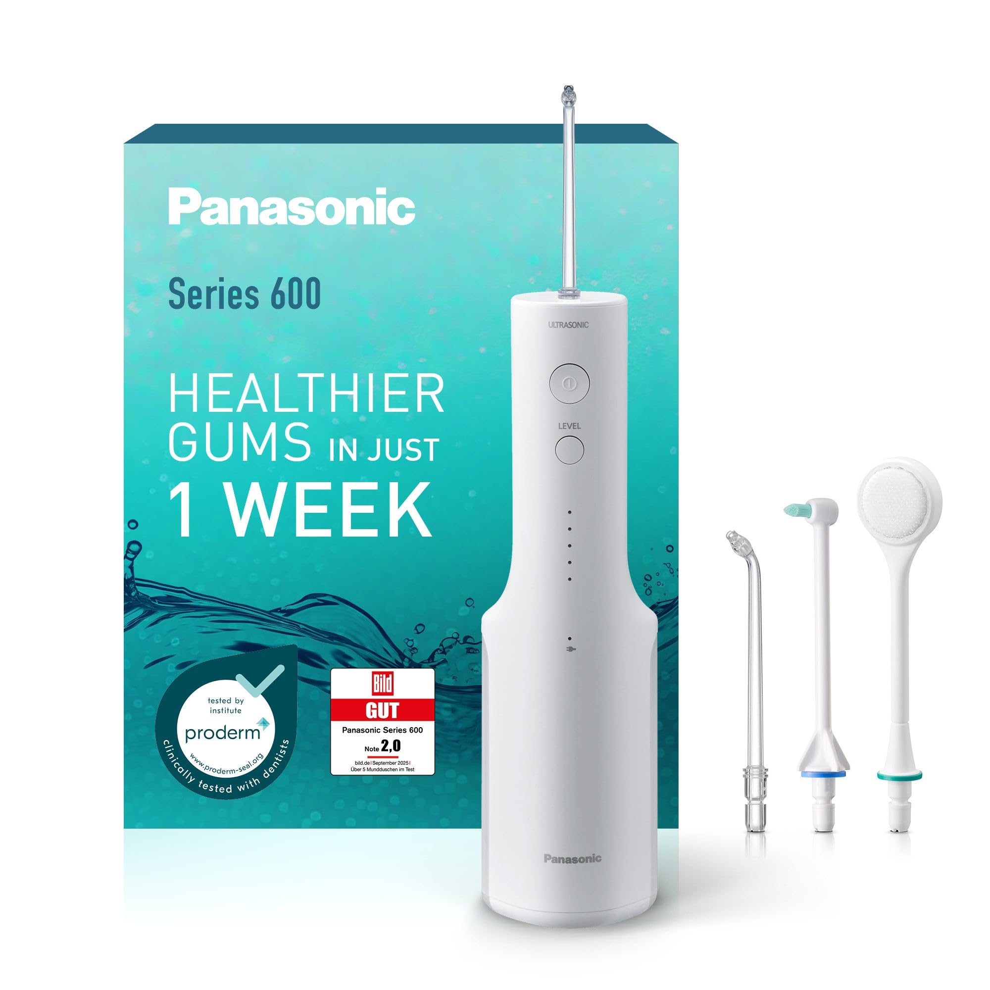 دستگاه شستشوی دهان و دندان اولتراسونیک پاناسونیک سری 600 مدل EW-DJ67-W303، شستشوی دهان و دندان بی‌سیم، 200 میلی‌لیتر، IPX7، 2 نازل اولتراسونیک، 1 نازل ارتودنسی و 1 نازل تمیزکننده زبان، 5 سطح فشار آب، سفید