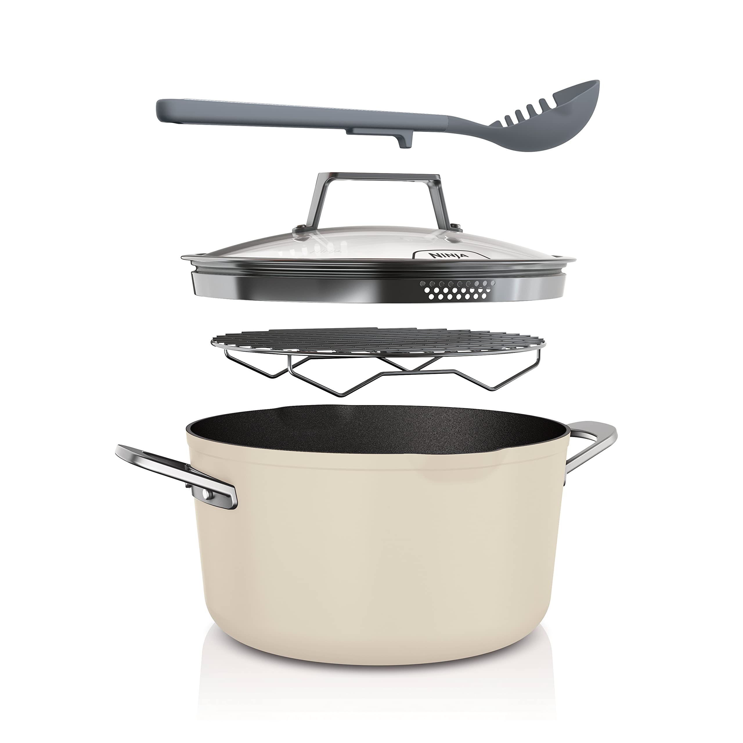 قابلمه ۸ کاره Ninja Foodi مدل Possible با درب شیشه‌ای ZEROSTICK، سرخ‌کن/بخارپز، صافی، کارد و چنگال، درب شیشه‌ای، ۶.۶ لیتر، سازگار با القای حرارتی، قابل استفاده در فر تا دمای ۲۶۰ درجه سانتیگراد، قابل شستشو در ماشین ظرفشویی، طرح دانه وانیلی CW202WHUK، سفید