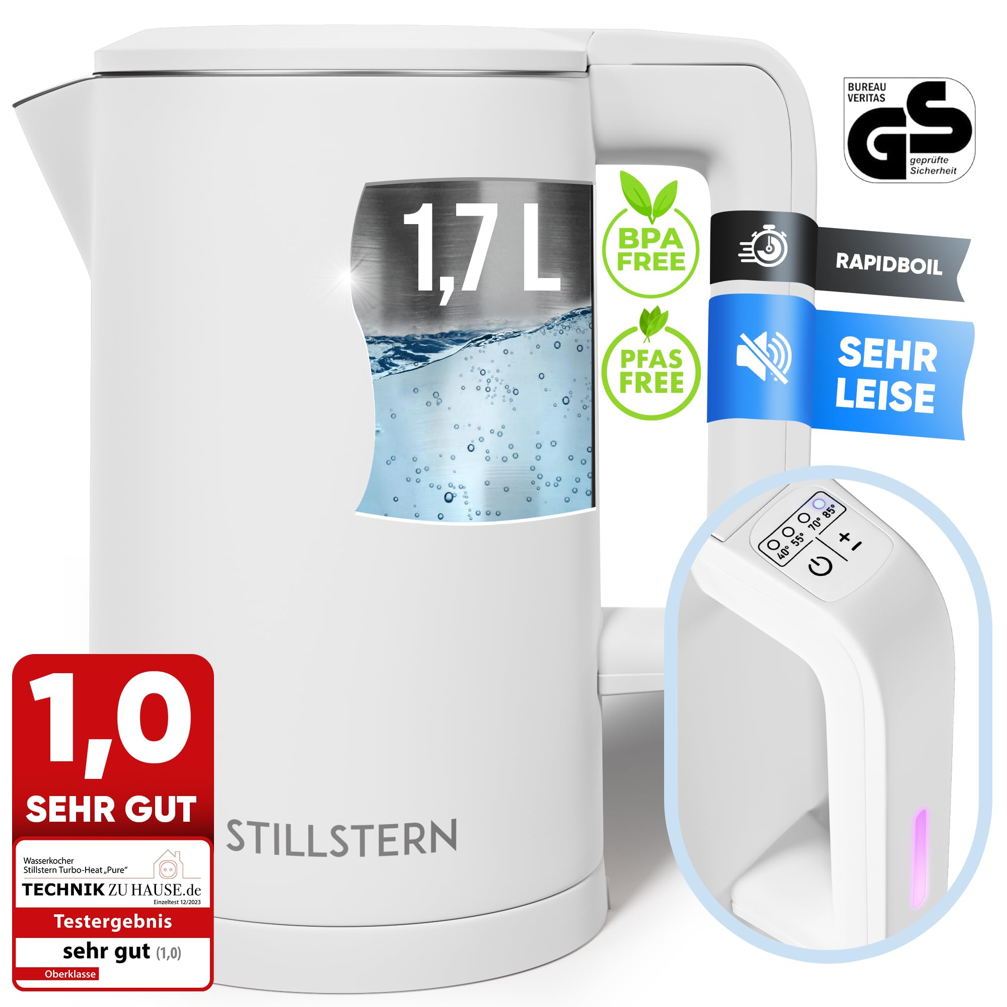 کتری برقی اشتیل‌شتِرن آلمان Stillstern با کنترل دما [1.7L | 40-55-70-85-100 درجه سانتی گراد]، 12 ساعت. گرم نگه دارید، دهانه فولادی ضد زنگ دقیق، ضد اثر انگشت، گرمایش سریع [2200 وات]، بی صدا، نگه داشتن پایدار