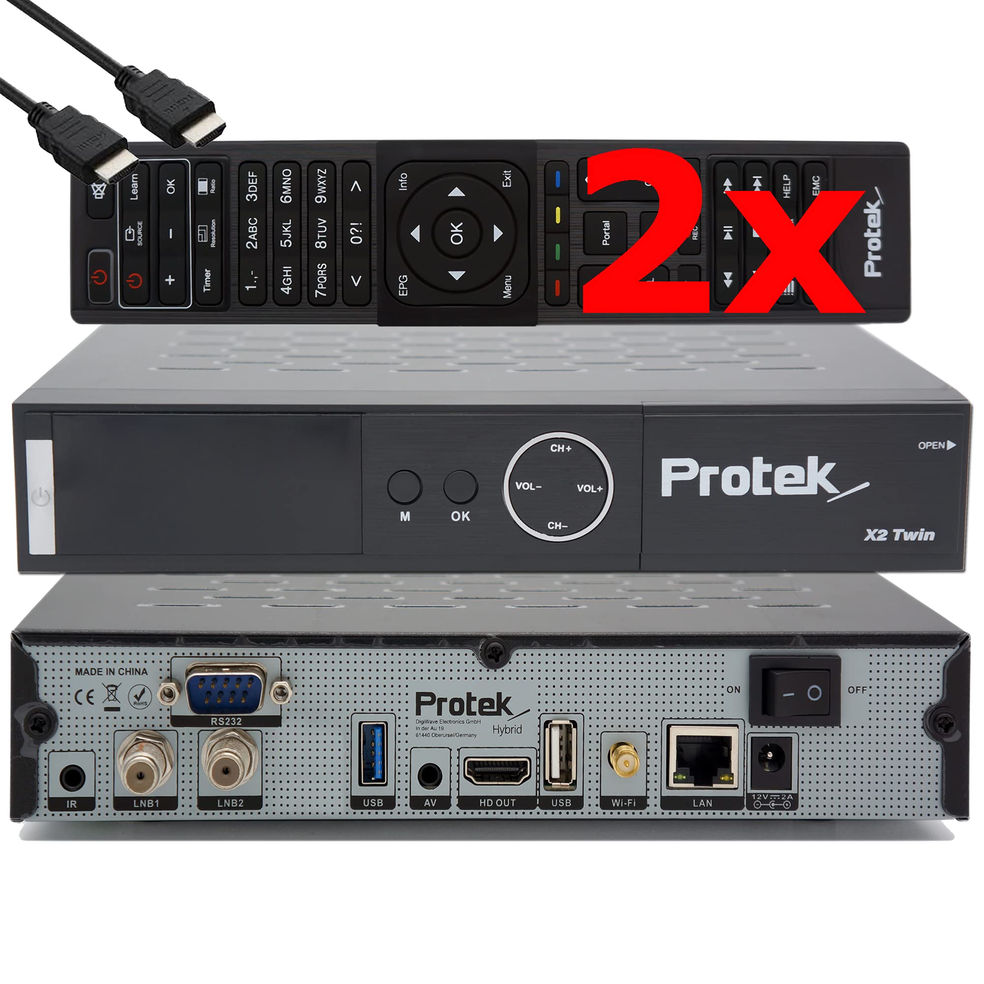 پروتک X2 Twin SAT 4K - UHD HDR 2X DVB-S2 Twin tuner، گیرنده لینوکس OpenATV E2، جعبه تلویزیون هوشمند، قابلیت ضبط، کارت خوان، پخش کننده چندرسانه ای، USB 3.0، WiFi، کنترل از راه دور دوم و کابل HDMI EasyMouse، دو ماهواره دوقلو DVB-S2 + کنترل از راه دور دوم