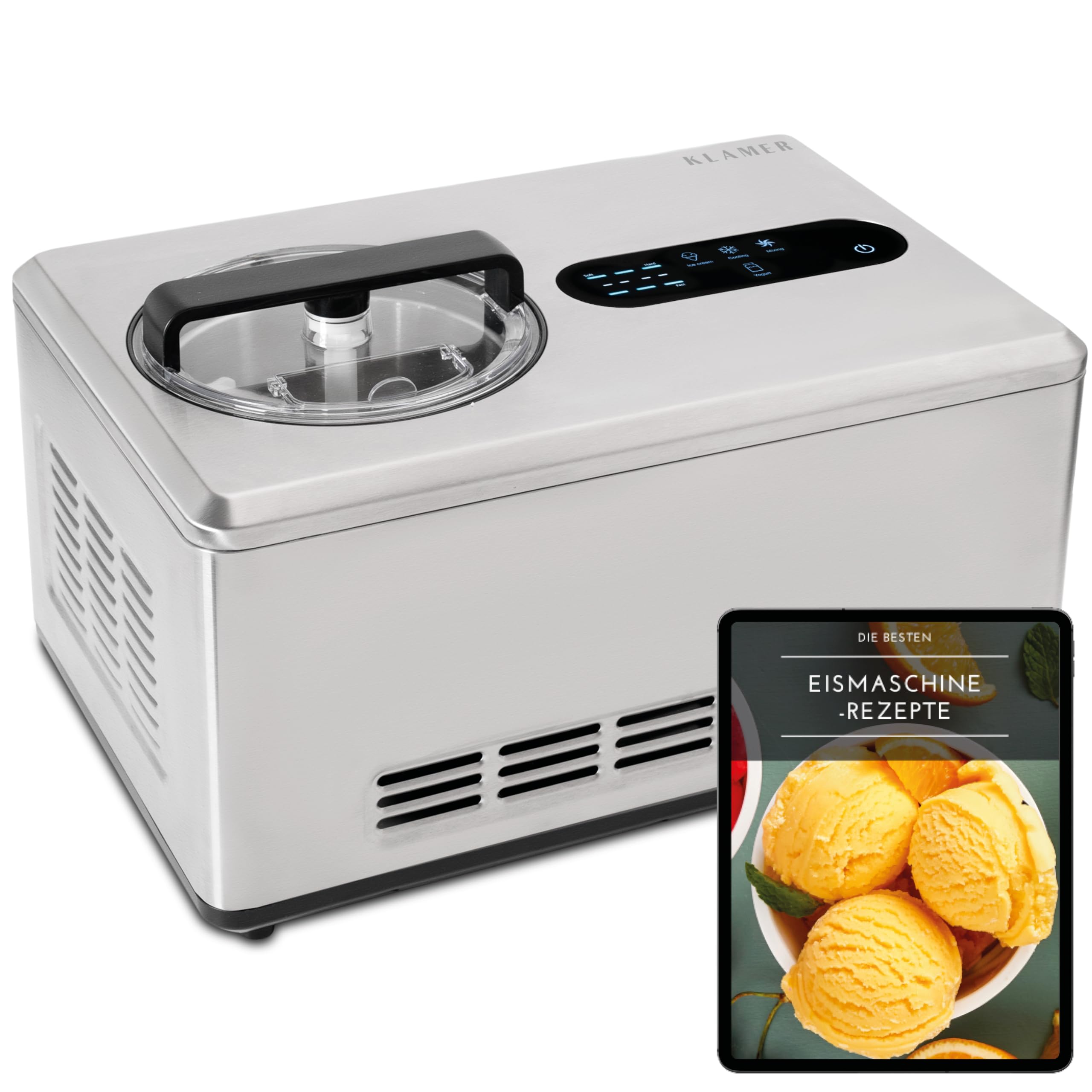 بستنی ساز کلامر آلمان 2 در 1 KLAMER بستنی ساز و ماست ساز 2 لیتری، 220 واتی استیل ضد زنگ با عملکرد خنک کننده و گرمایشی، بستنی خانگی با کمپرسور خود خنک کننده، شامل کنترل سازگاری