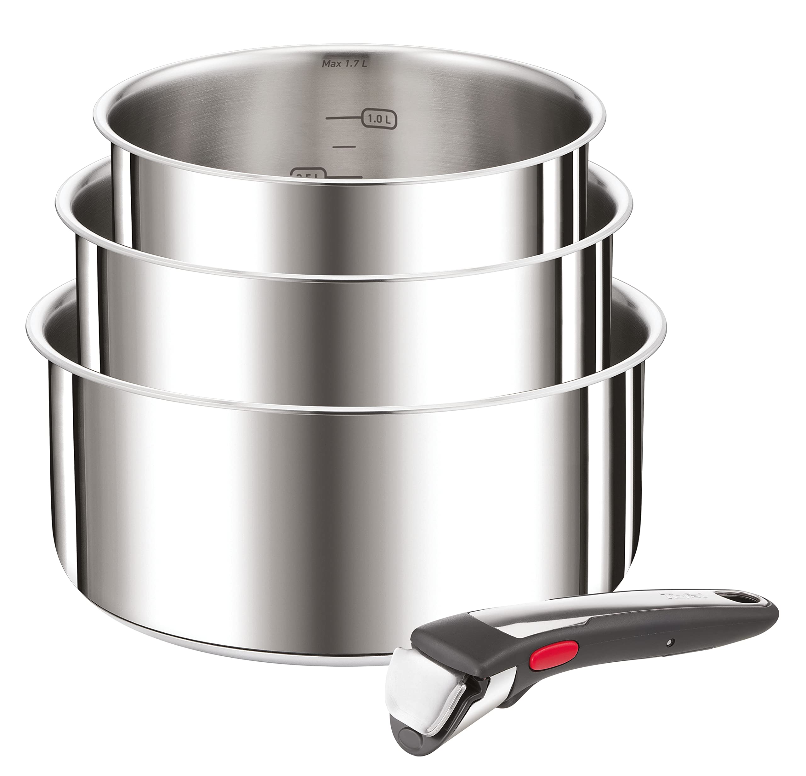 سرویس 4 پارچه قابلمه تفال فرانسه Tefal L898S3 Ingenio Preference در ست کاسرول 3 تکه، دسته قابل جابجایی، قابل استفاده در فر تا دمای 250 درجه سانتیگراد بدون دسته، مناسب برای انواع اجاق گازها از جمله القایی، فولاد ضد زنگ، 16/18/20 سانتی متر INGENIO PREFERENCE ON 16+18+ 20 سانتی متر + دسته