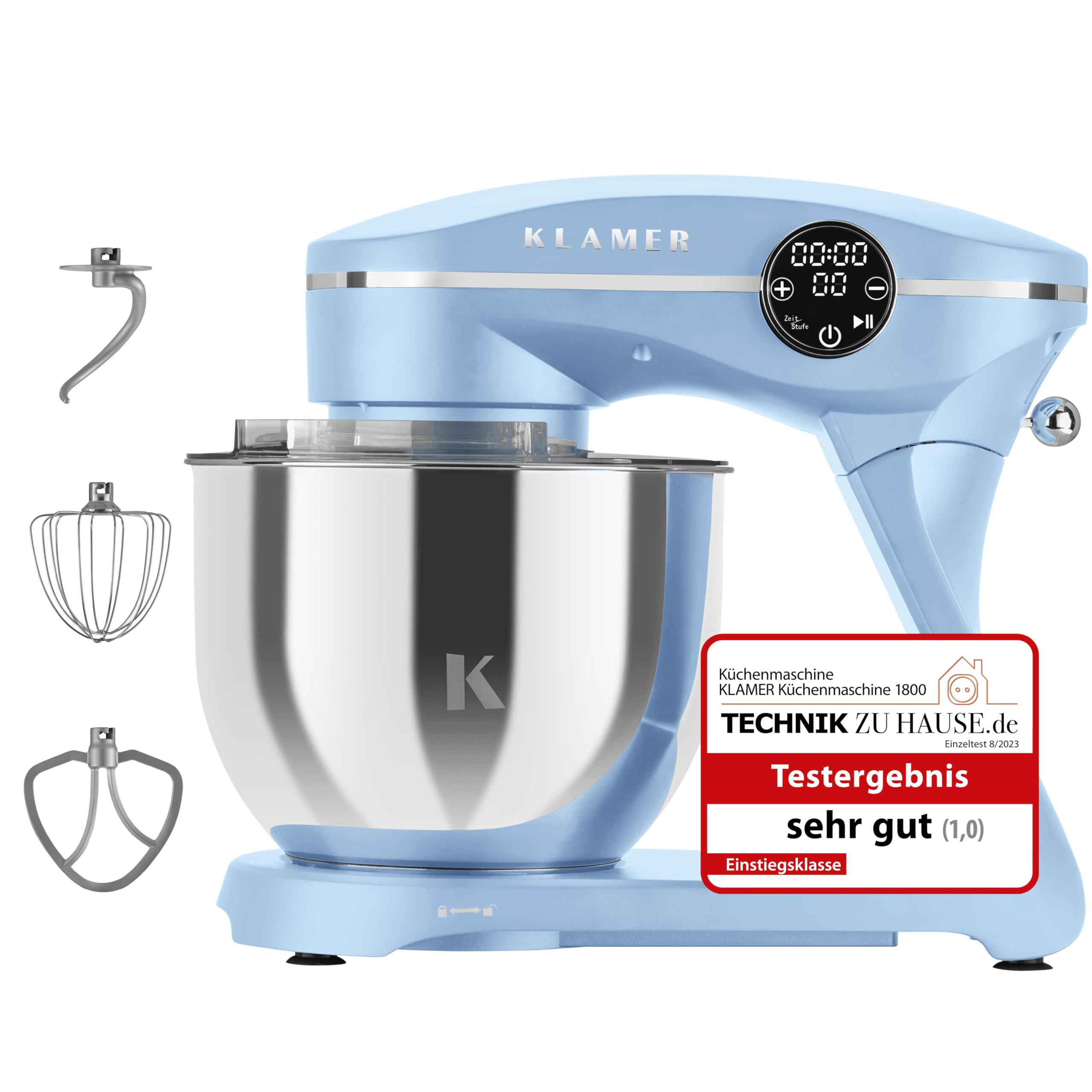 غذا ساز کلامر آلمان KLAMER 1800W، دستگاه خمیر نان با کاسه استیل 6 لیتری، 10 سرعته با تایمر، همزن سیاره ای، همزن، قلاب خمیر، همزن و درب شفاف (آبی روشن)