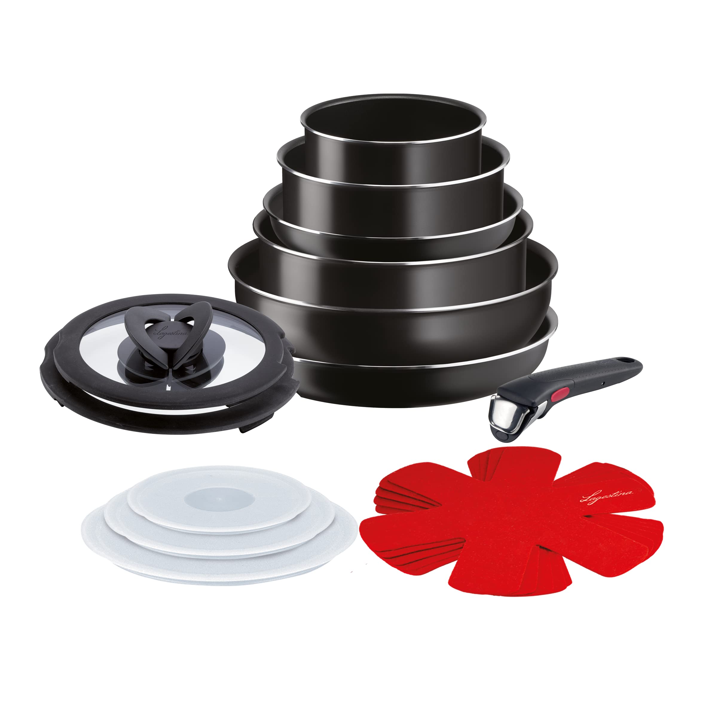 سرویس قابلمه لاگوستینا ایتالیا Lagostina Ingenio Essential Plus، آلومینیومی برای گاز و فر، ۱۷ پارچه، ۲ قابلمه، ۲ تابه، وک، ۵ درب، ۵ ماهیتابه، دسته قابل جدا شدن