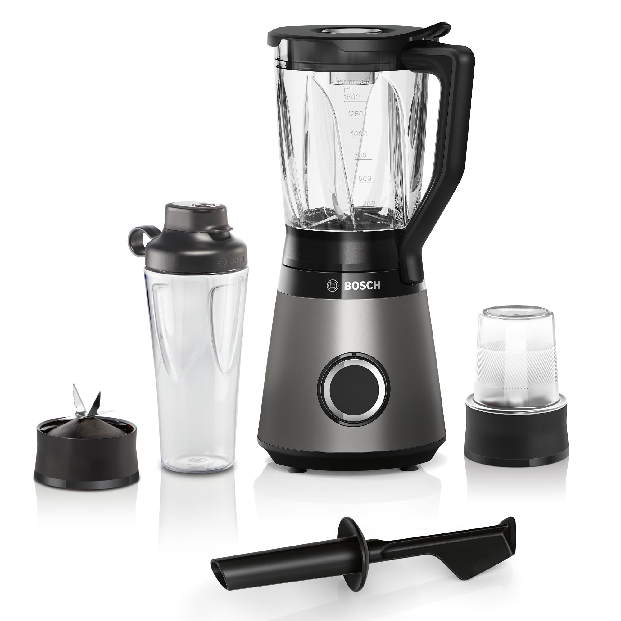 مخلوط کن بوش آلمان آسیاب و اسموتی ساز Bosch Series 4 MMB6177S، تیغه های فولادی ضد زنگ ساخت آلمان، ظرف شیشه ای 1.5 لیتری ، بطری 0.6 لیتری