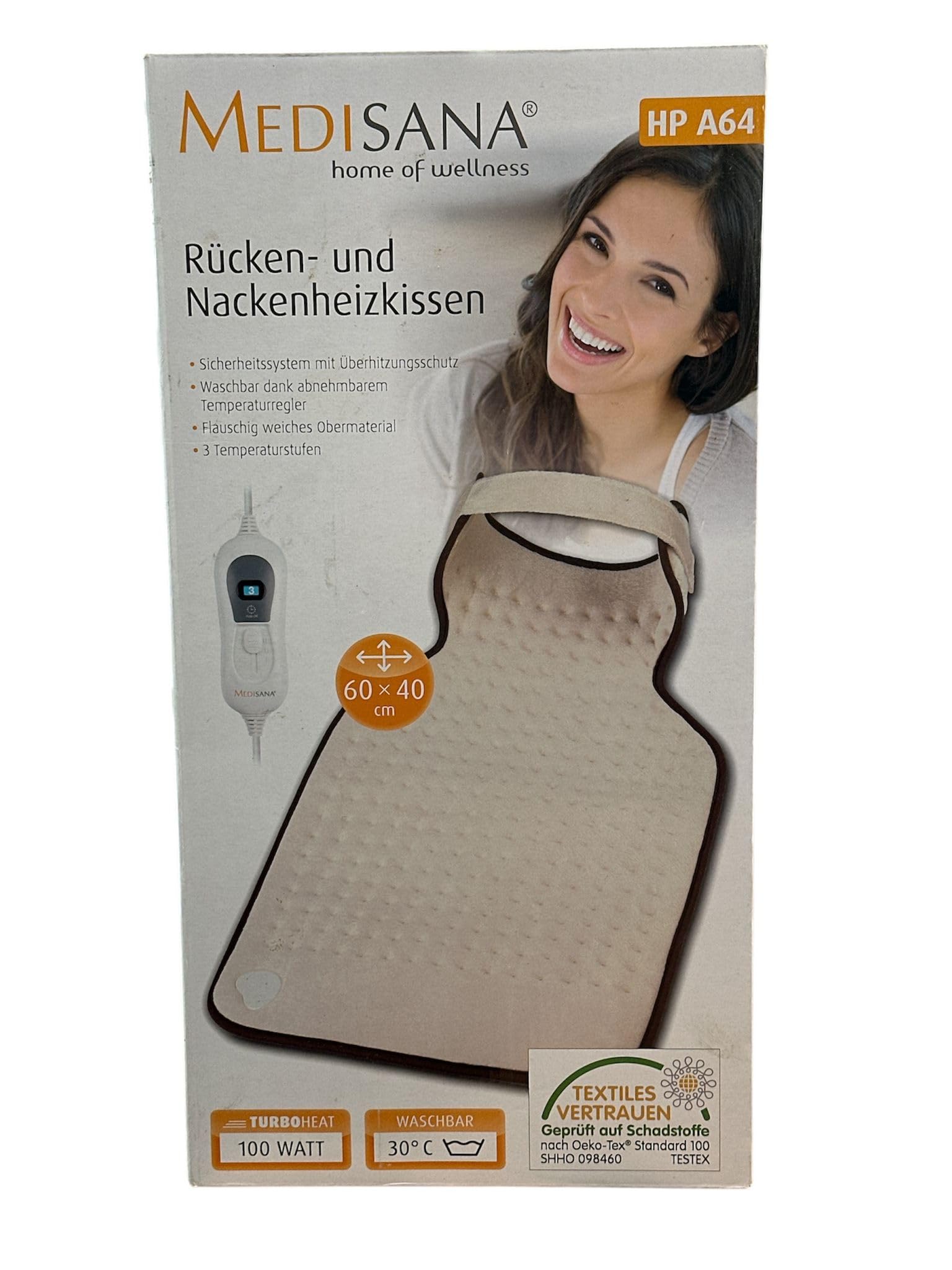پد گرم کننده پشت و گردن مدیسانا مدل HP A64 - 60 x 40 سانتی متر، بژ/خاکستری، مخمل، 3 حالت تنظیم دما، ارگونومیک، قابل شستشو، Safety First، استاندارد Oeko-Tex 100
