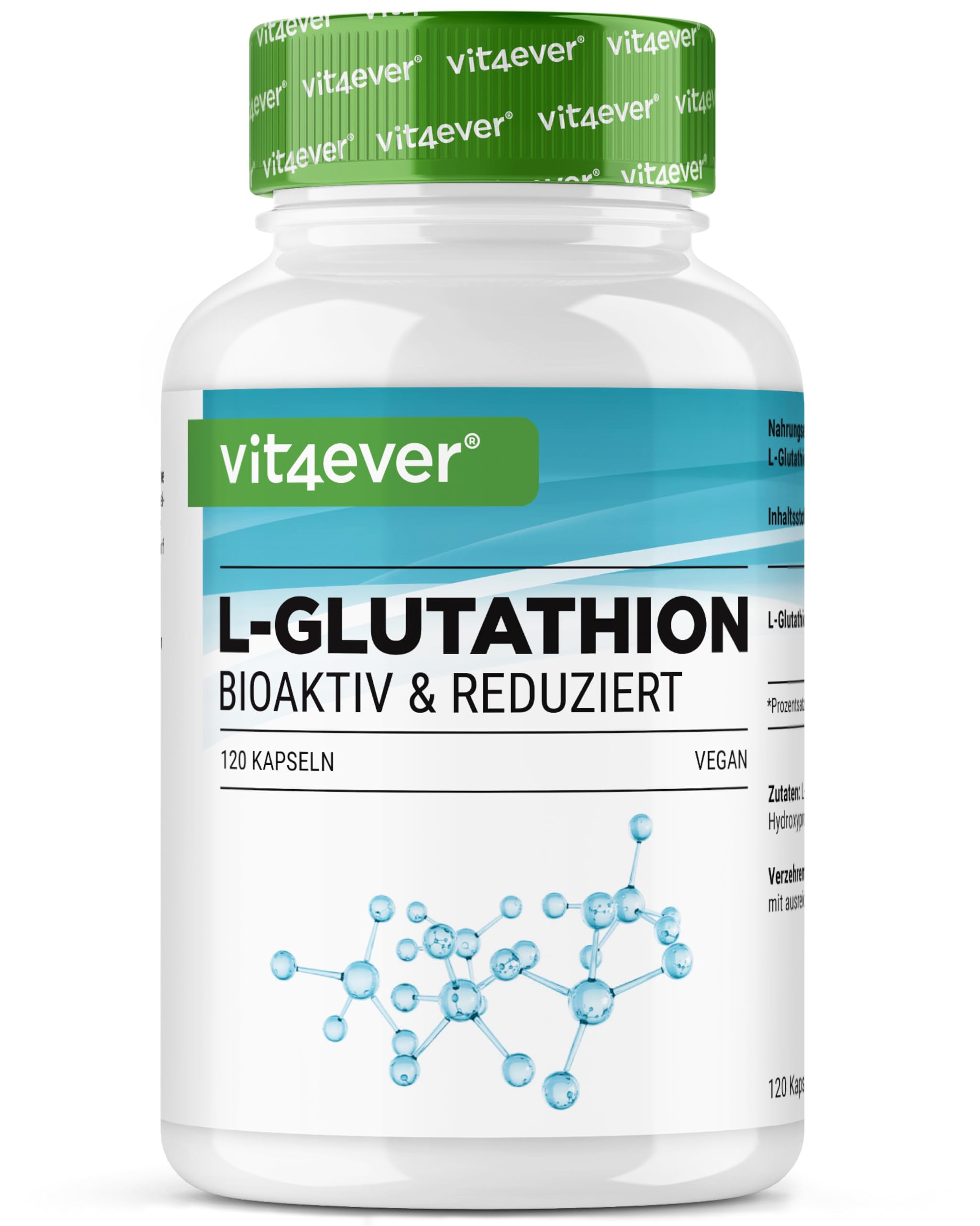 vit4ever L-Glutathione - 120 کپسول با 500 میلی‌گرم در هر کپسول - پریمیوم: گلوتاتیون کاهش‌یافته و زیست‌فعال حاصل از تخمیر - دوز بالا - 120 کپسول وگان