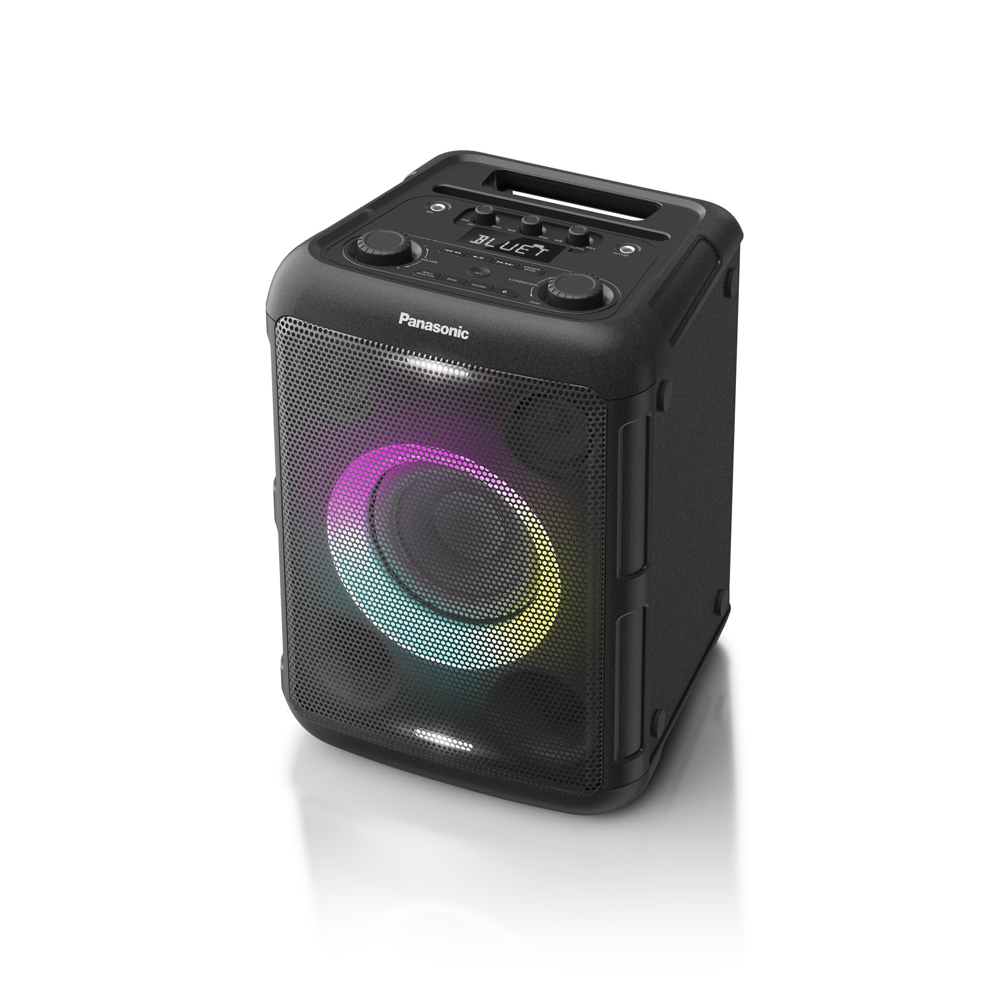 بلندگوی مهمانی قابل حمل پاناسونیک SC-BMAX5E-K با بلوتوث، نورپردازی یکپارچه، 75 وات، USB، ورودی اپتیکال برای تلویزیون، ورودی‌های گیتار و میکروفون برای کارائوکه، مشکی. بلندگوی مهمانی قابل حمل با بلوتوث - 75 وات