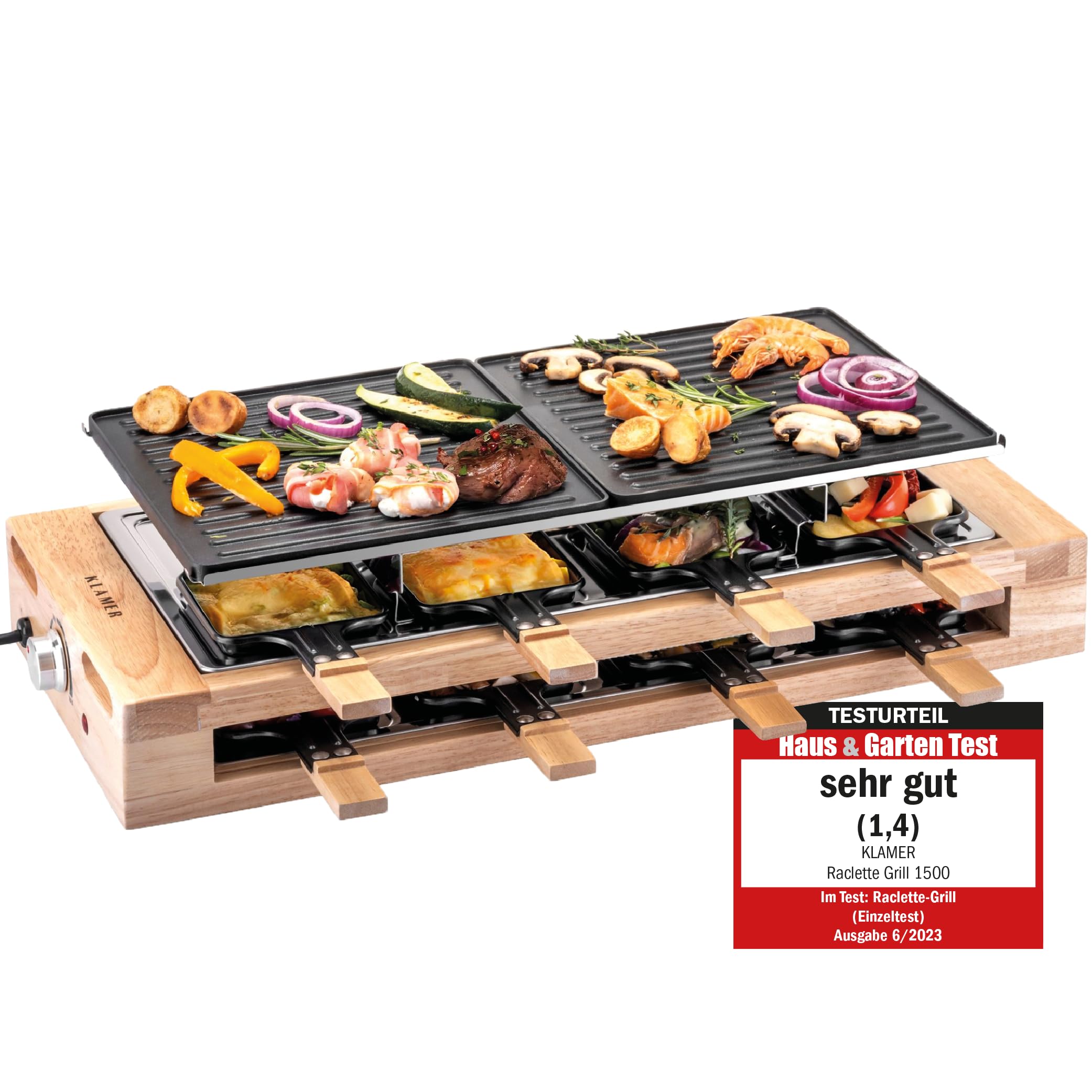 گریل کلامر آلمان KLAMER Raclette 8 نفره، گریل راکلت 1500 واتی با قاب چوبی، راکلت با صفحه گریل نچسب، گریل رومیزی برقی