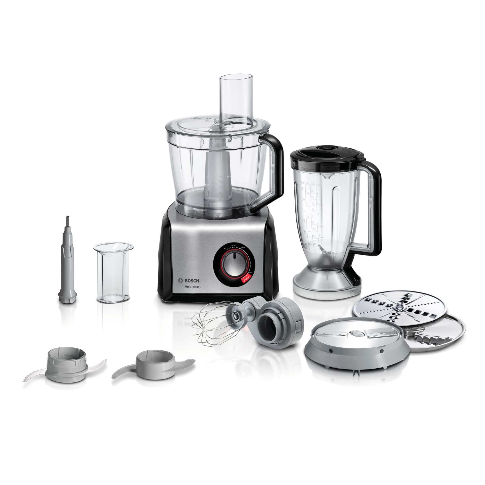 غذا ساز بوش آلمان  Bosch MultiTalent 8 MC812M814، همه کاره، کاسه همزن XXL (3.9 لیتر)، مخلوط کن (1.5 لیتر)، تیغه جهانی، برش و رنده (ریز/درشت)