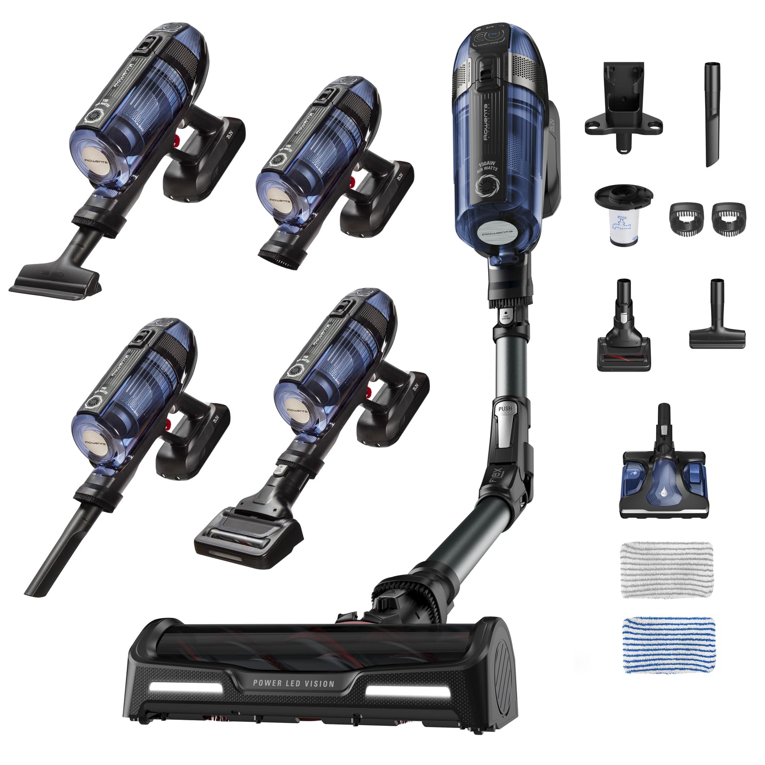 جاروبرقی بی‌سیم Rowenta X-Force Flex 12.60 Aqua، 150 وات هوا، تا 45 دقیقه زمان اجرا، تمیز کردن 2 در 1، شامل نازل Aqua، مفصل Flex، نازل LED، آبی-مشکی، RH98C8 Flex 12.60 با عملکرد تی