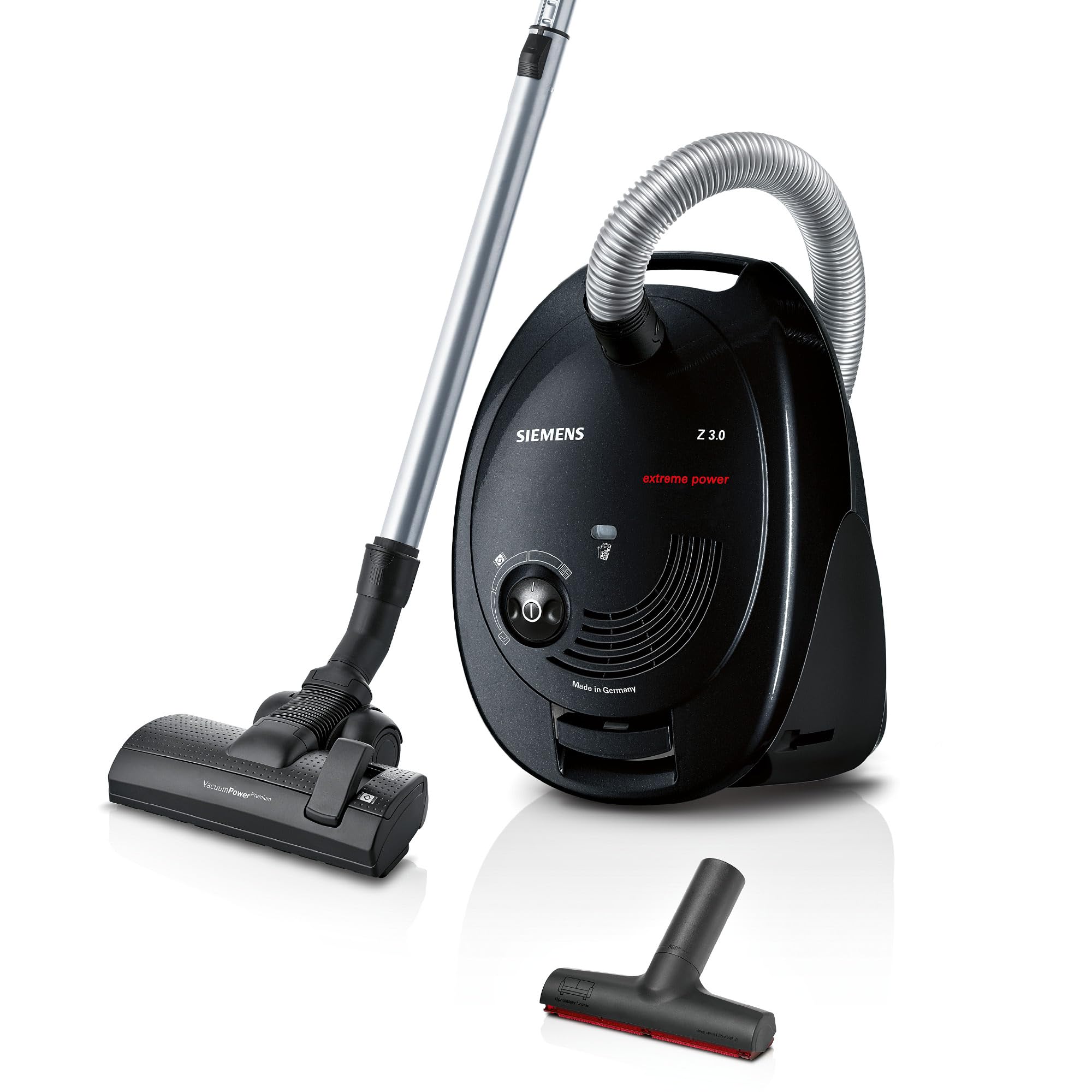 جاروبرقی زیمنس با کیسه Z 3.0 Extreme Power VSZ3XTRM11، جاروبرقی مخزنی، نازل روکش XXL ایده‌آل برای موی حیوانات خانگی، نازل کف برای پارکت، فرش، کاشی، مصرف برق کم، 850 وات، مشکی مشکی Extreme Power 850 وات بدون نازل پارکت تکی