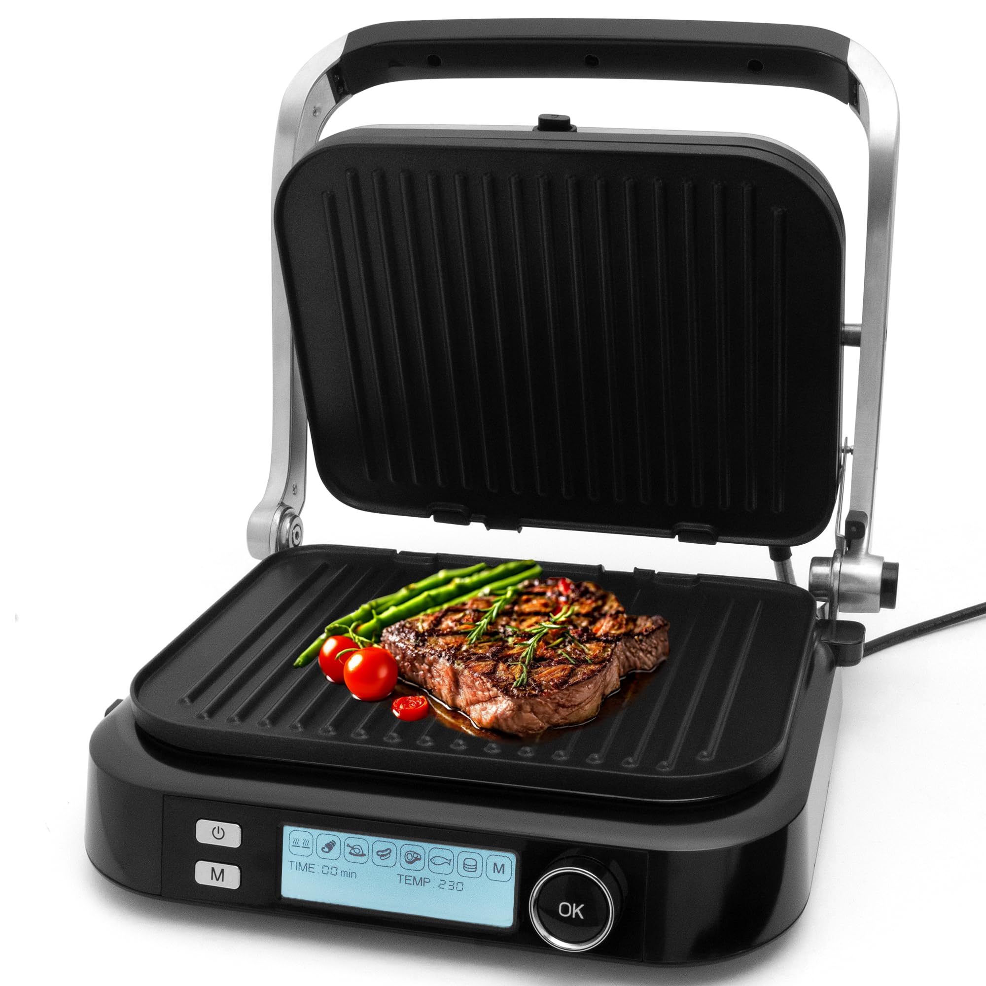 گریل باربیکیو تماسی کلامر آلمان KLAMER، 7 برنامه اتوماتیک، صفحات قابل جابجایی، روکش نچسب، گریل صفحه ای قدرتمند 2100 واتی با دسته خنک، مشکی و استیل ضد زنگ