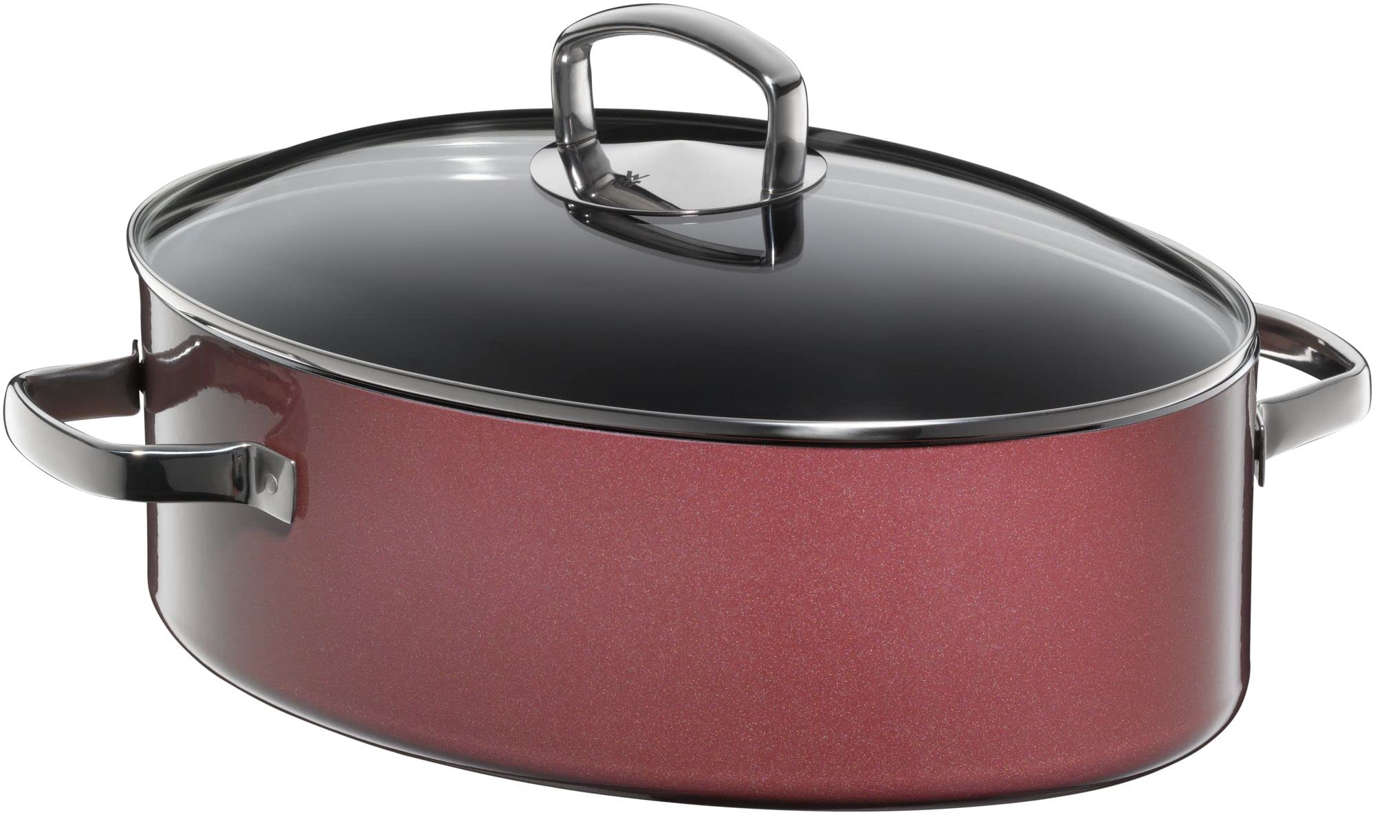 تابه کباب معدنی WMF Fusiontec 36 سانتی‌متر، شکل بیضی، کباب کردن عالی، نتایج پخت یکنواخت، مقاوم در برابر خش، تمیز کردن آسان، مناسب برای فر، درب شیشه‌ای، کوارتز رز، 0515875290 قرمز