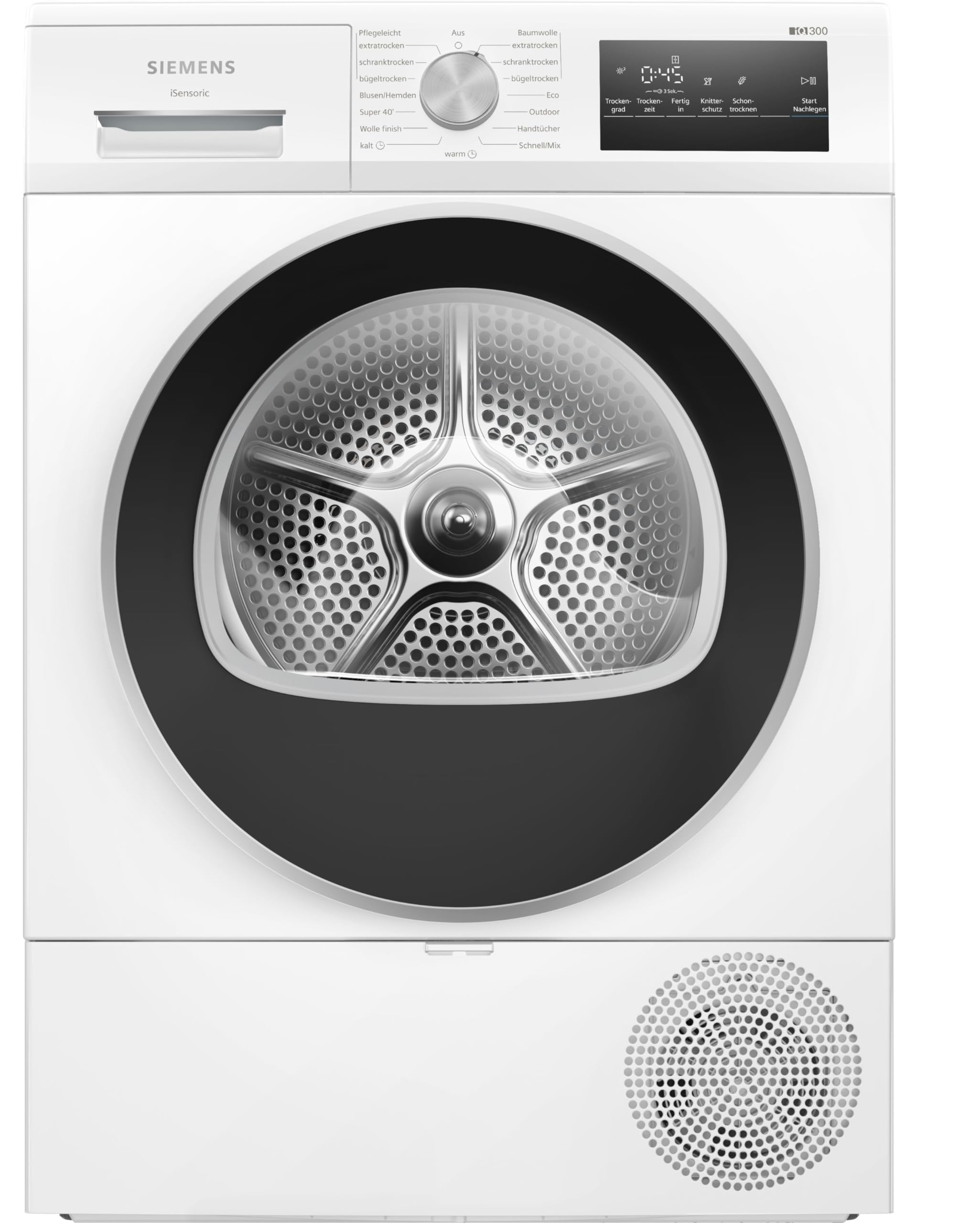 خشک‌کن زیمنس WT45HV0EM، iQ300، پمپ حرارتی، 8 کیلوگرم، خشک‌کن خودکار، برنامه super40، 63 دسی‌بل، صفحه نمایش لمسی LED، خشک‌کن نرم، برنامه فضای باز، فیلتر تمیزکننده آسان، قفل کودک، سفید