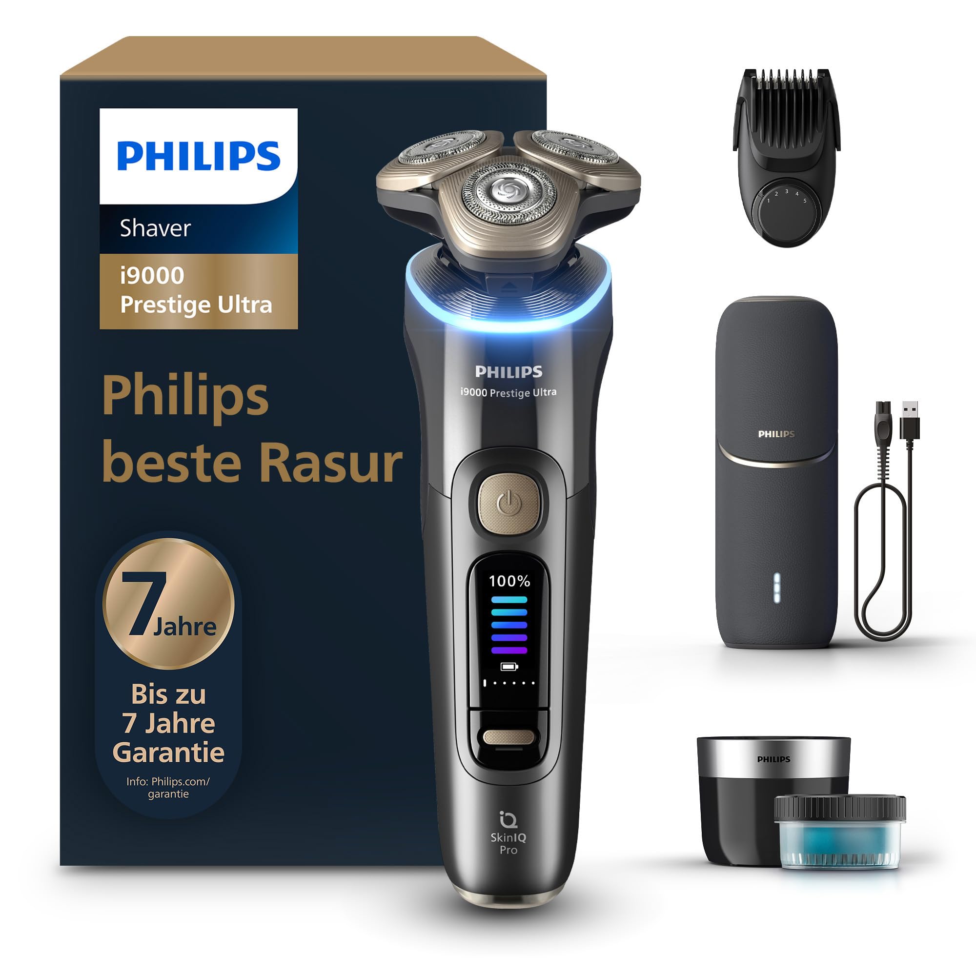 ریش تراش PHILIPS i9000 Prestige Ultra، تیغ مردانه مرطوب و خشک، سنسور فشار و حرکت آدریاتیک، حالت دهنده ریش 5+1، ایستگاه تمیز کردن، کیف شارژ UV و کیف مسافرتی (مدل XP9402/46)