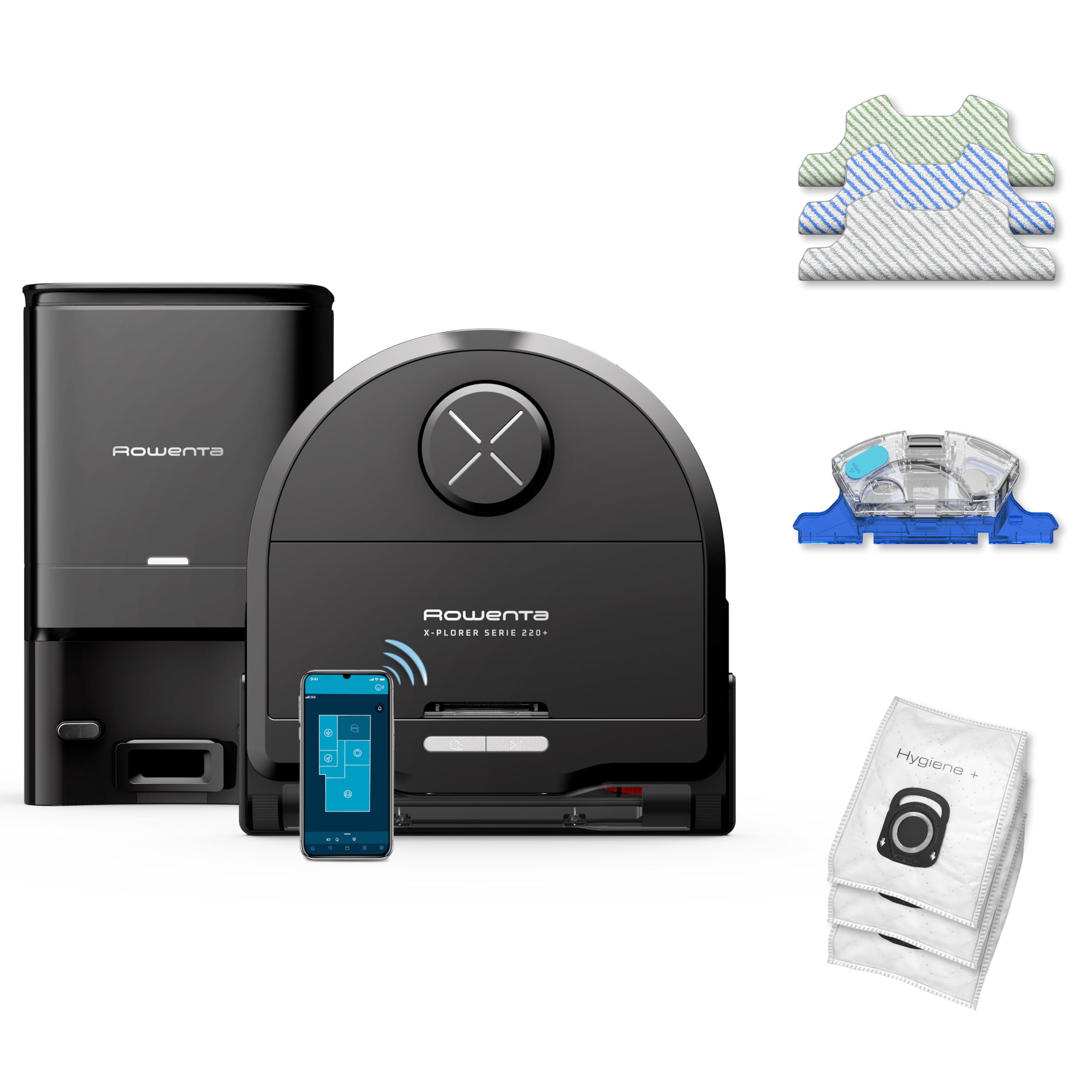 جاروبرقی رباتی Rowenta Xplorer S220+ مخصوص حیوانات و آلرژی، مخصوص سطوح خشک و تر، ناوبری لیزری، ۱۲۰ دقیقه کارکرد، کنترل از طریق اپلیکیشن، تی ویبره، پایه جاروبرقی، مشکی/فلزی، RR9495WH