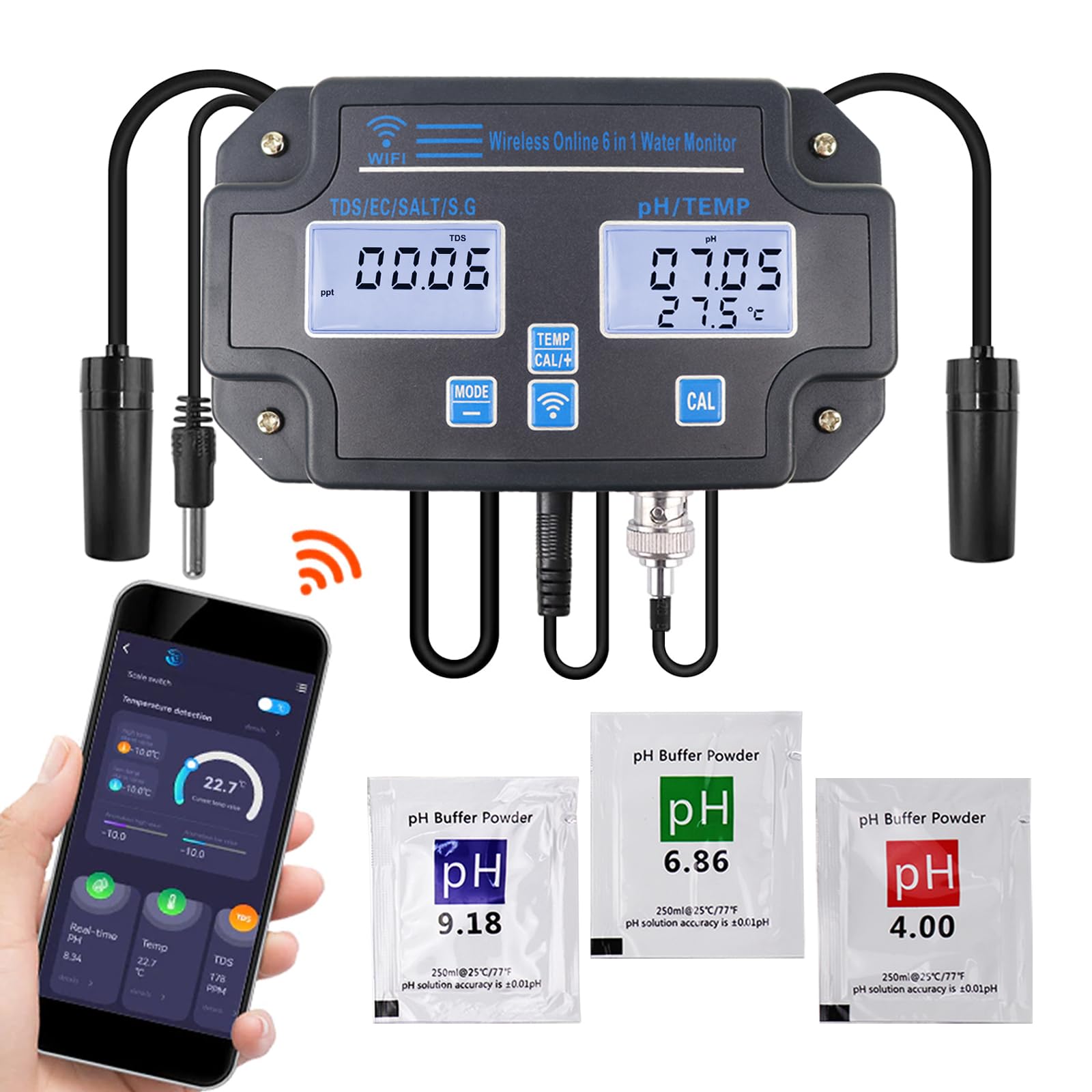 تستر کیفیت آب وای فای، مانیتور pH شش کاره، اندازه‌گیری pH/EC/TDS/شوری/وزن مخصوص و دما، نظارت آنلاین ۲۴ ساعته از طریق اپلیکیشن و ثبت منحنی داده‌ها، pH متر دیواری، pH متر شش کاره