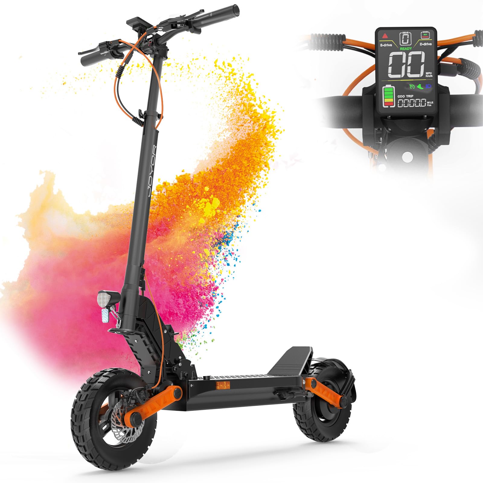 اسکوتر برقی JOYOR E سری S، برد ۴۰ تا ۱۰۰ کیلومتر، باتری ۴۸/۶۰ ولت ۱۳/۱۸/۲۶ آمپر ساعت، با کمک فنر دوبل جلو و عقب، اسکوتر برقی تاشو آفرود، ظرفیت بار ۱۵۰ کیلوگرم S5 PRO