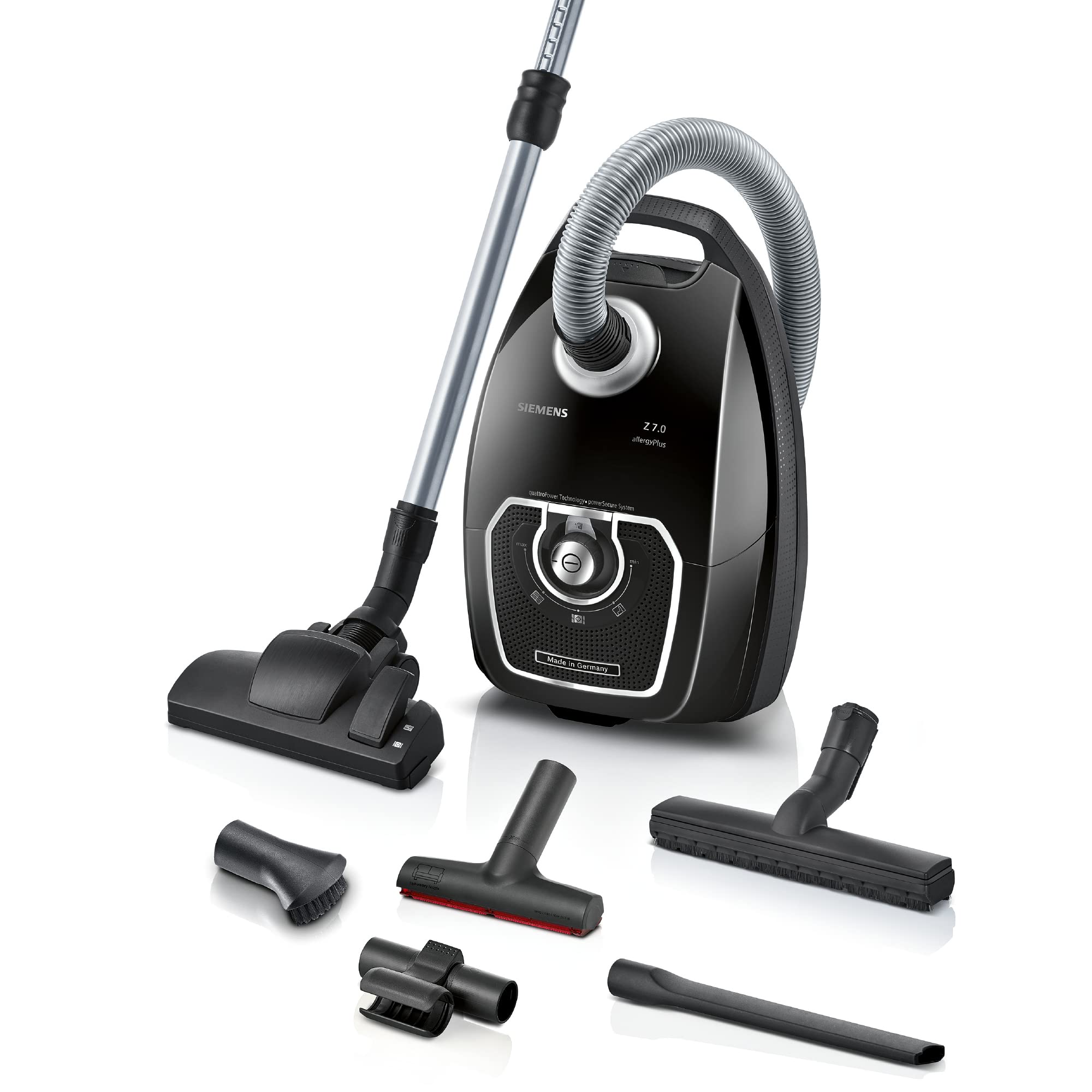 جاروبرقی SIEMENS با کیسه Z7.0 VSZ7X500، ایده‌آل برای افراد مبتلا به آلرژی، فیلتر بهداشتی، بسیار بی‌صدا، نازل کف برای پارکت، فرش و کاشی، نازل روکش XXL، نازل درز XXL، کابل بلند، 650 وات، مشکی، 69 دسی‌بل(A) بی‌صدا، برنده تست 2024