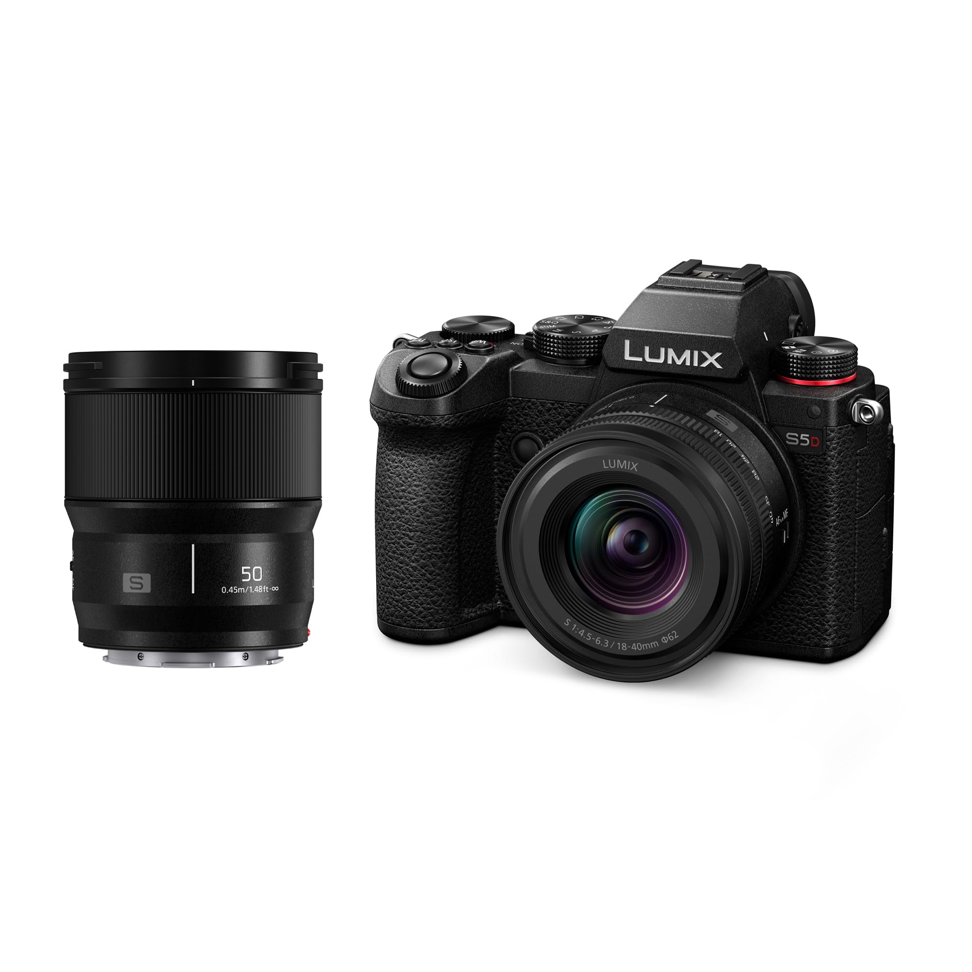 دوربین بدون آینه فول فریم پاناسونیک DC-S5DWE-K لومیکس S5D، 24.2 مگاپیکسل، فیلمبرداری 4K 60p، منظره یاب زنده، مانیتور زاویه باز، وای فای، بلوتوث، به همراه لنزهای S-R1840E 18-40mm و S-S50ME 50mm، مشکی، S5D (NEU) با لنز 18-40mm + 50mm