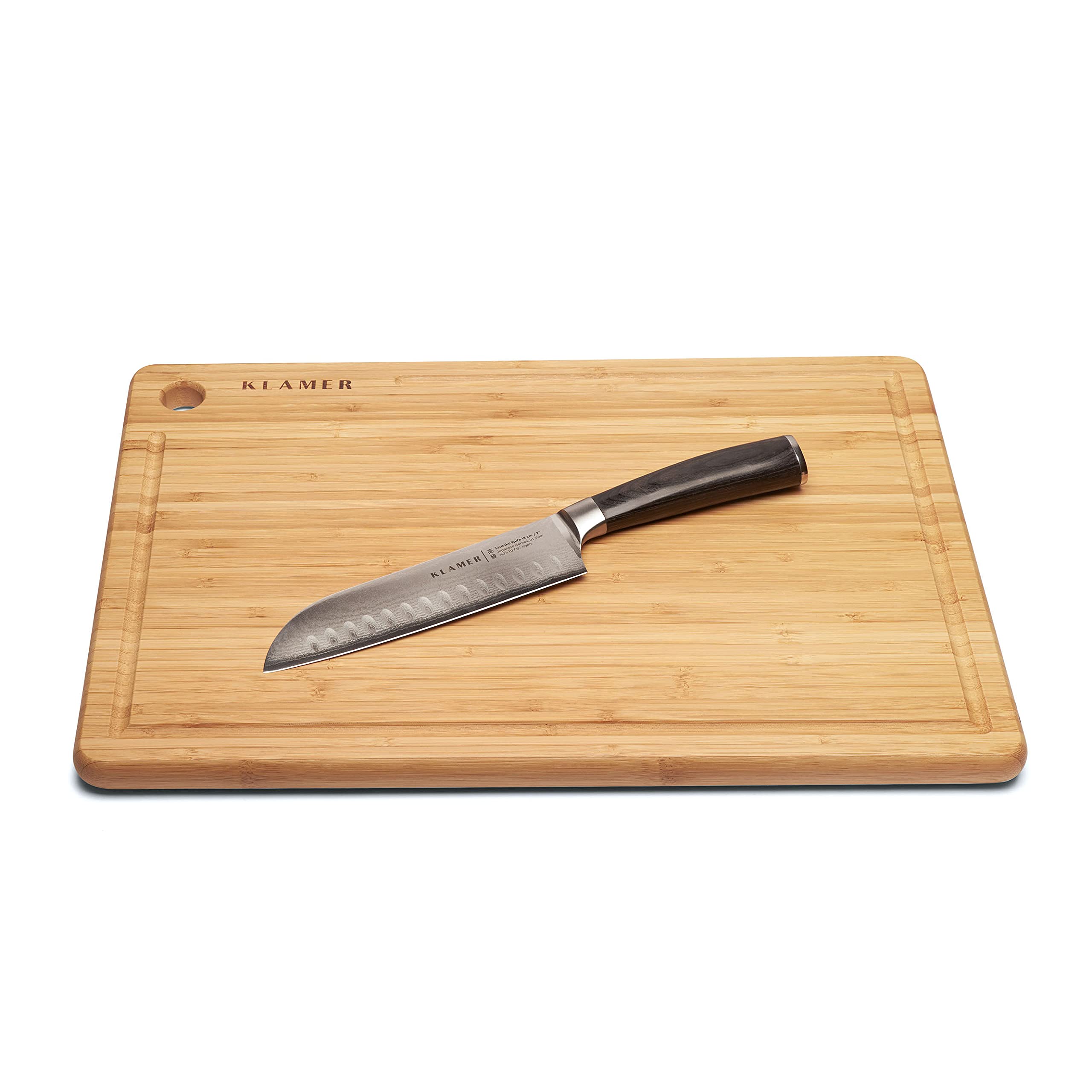 چاقو آشپز کلامر آلمان KLAMER Premium با تخته برش بامبو، چاقوی آشپز 18 سانتی متری استیل ژاپنی واقعی
