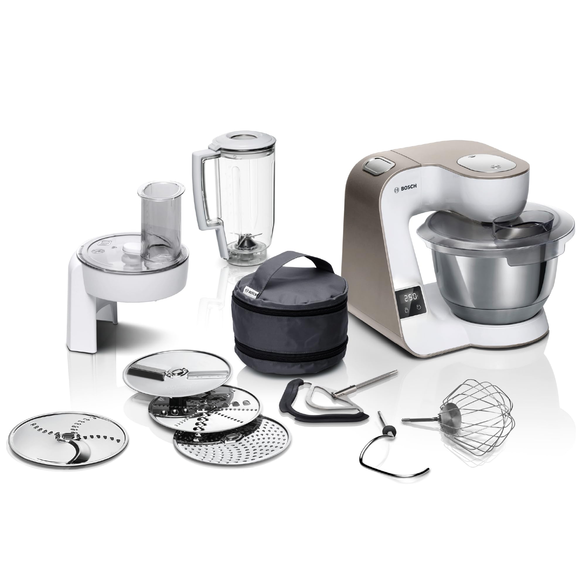 غذا ساز همه کاره سری 4 بوش آلمان Bosch MUM5XW20، کاسه استیل 3.9 لیتری، ترازو یکپارچه، همزن 1.25 لیتری، قلاب خمیر حرفه ای،خردکن پیوسته، 4 دیسک