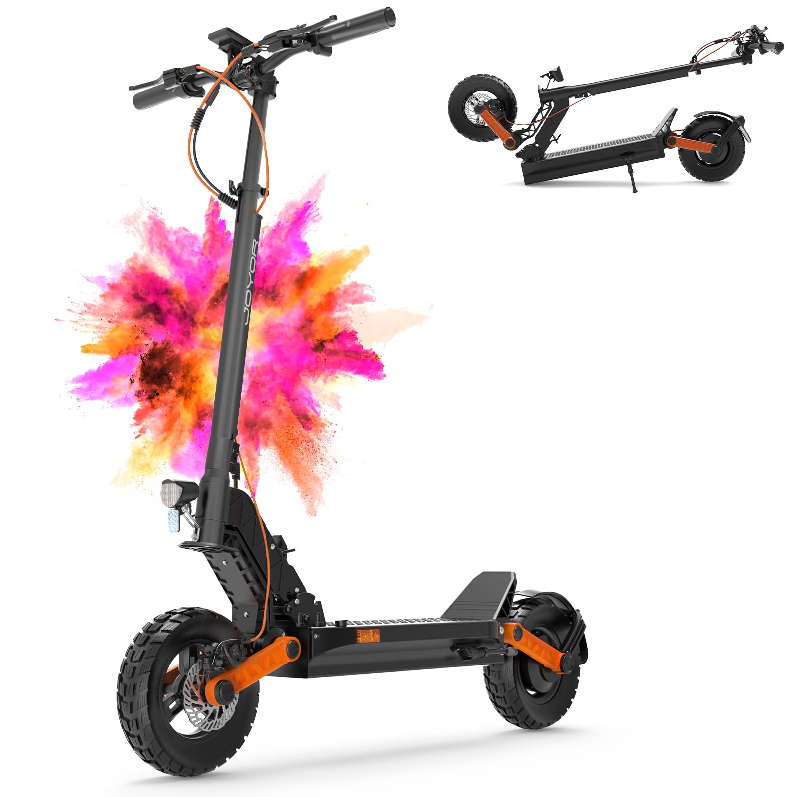 اسکوتر برقی JOYOR E سری S، برد ۴۰ تا ۱۰۰ کیلومتر، باتری ۴۸/۶۰ ولت ۱۳/۱۸/۲۶ آمپر ساعت، با کمک فنر دوبل جلو و عقب، اسکوتر برقی تاشو آفرود، ظرفیت بار ۱۵۰ کیلوگرم S5 ABE