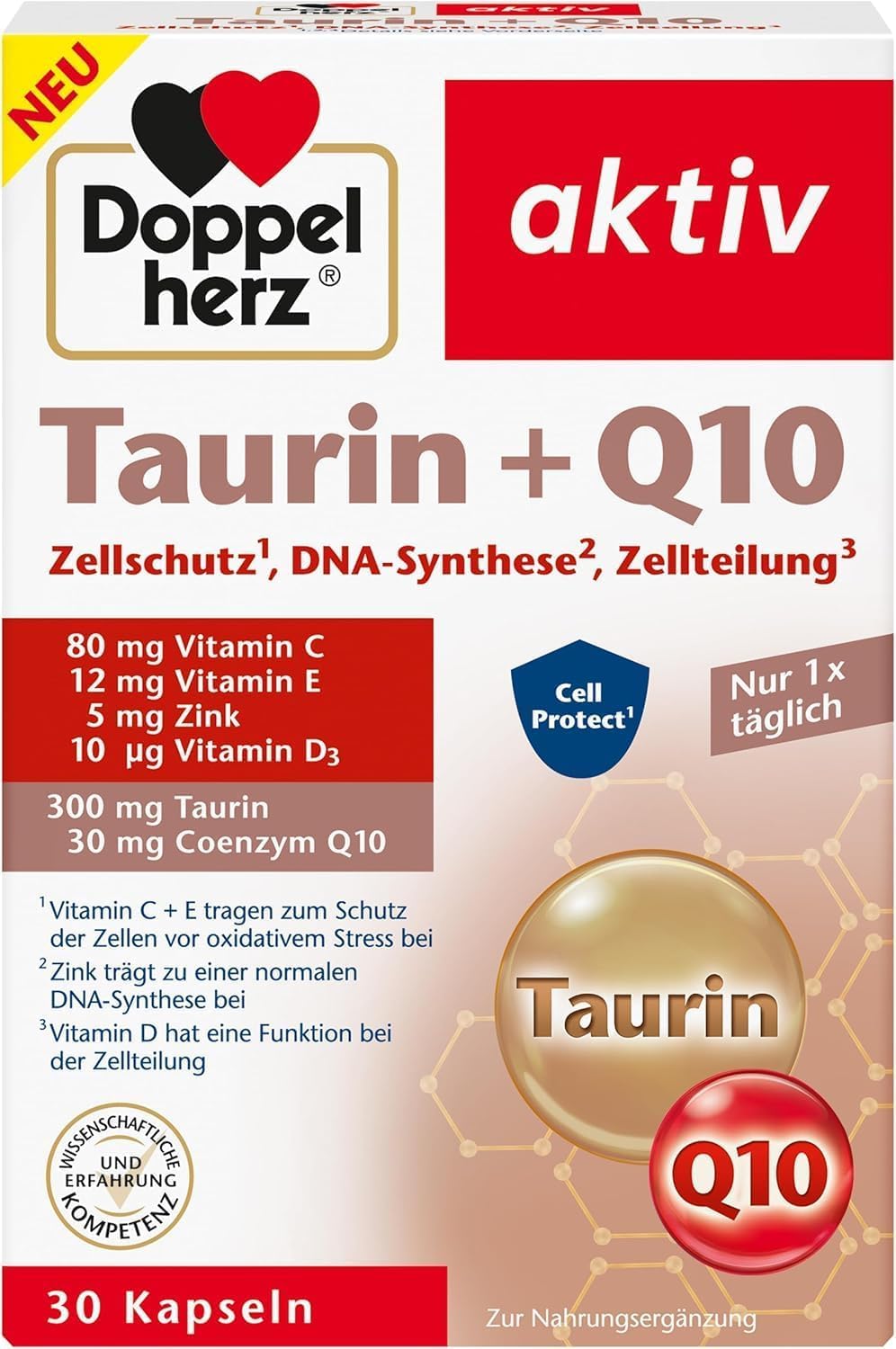 Doppelherz Taurine + Q10 - Cell Protect - ویتامین های C + E به محافظت از سلول ها در برابر استرس اکسیداتیو کمک می کنند - 30 کپسول