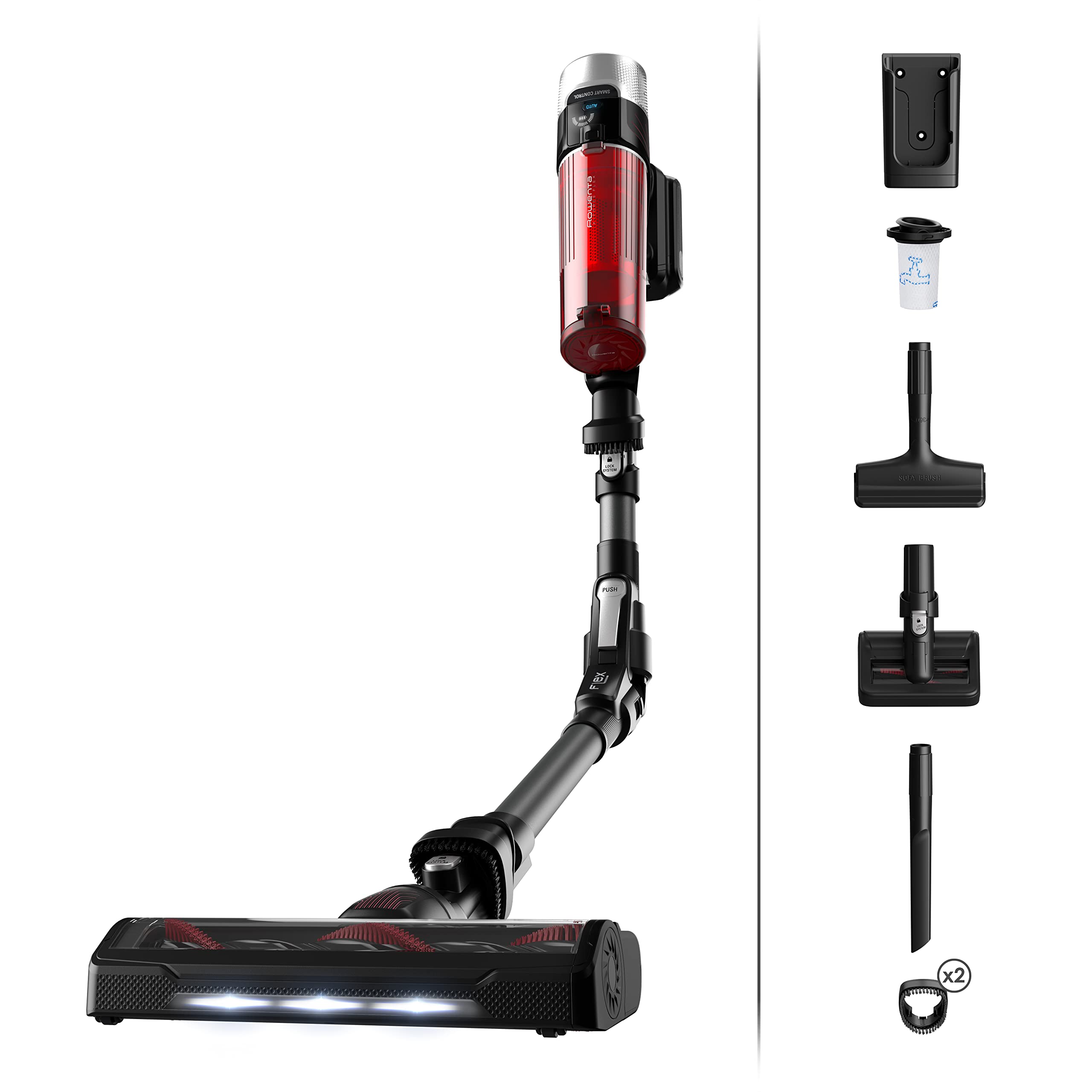 جاروبرقی بی‌سیم Rowenta X-Force Flex 9.60 Animal، 100 AirWatt، باتری قابل جابجایی، تا 45 دقیقه زمان اجرا، مفصل انعطاف‌پذیر، نازل LED، شامل لوازم جانبی موی حیوانات خانگی، قرمز/مشکی، RH2078