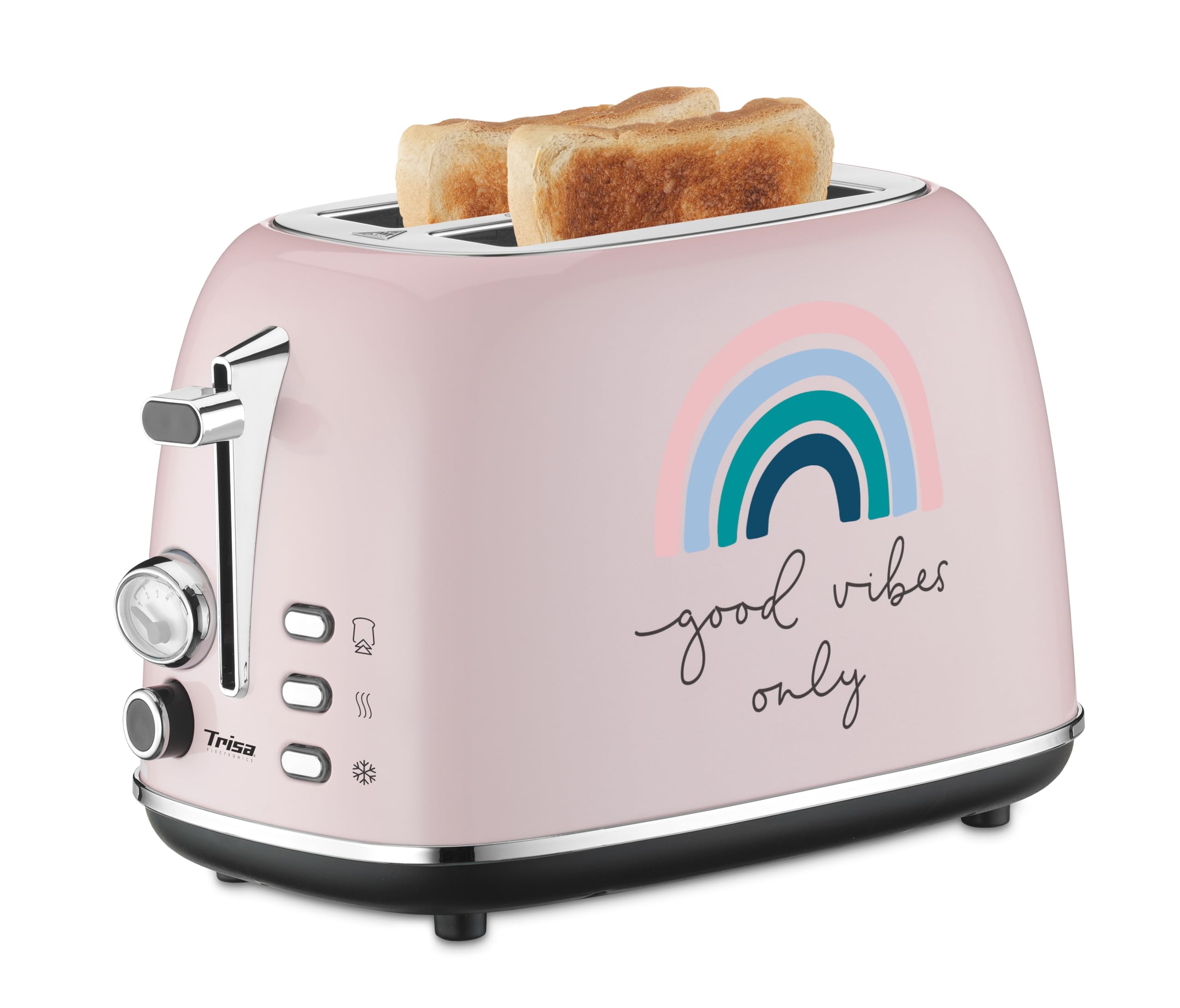 توستر دو تکه تریزا سوئیس با طرح گرافیتی «حس خوب»، ۶ سطح برشته کردن، ۳ دکمه‌ی عملکردی، سینی خرده نان کشویی، بالابر توستر