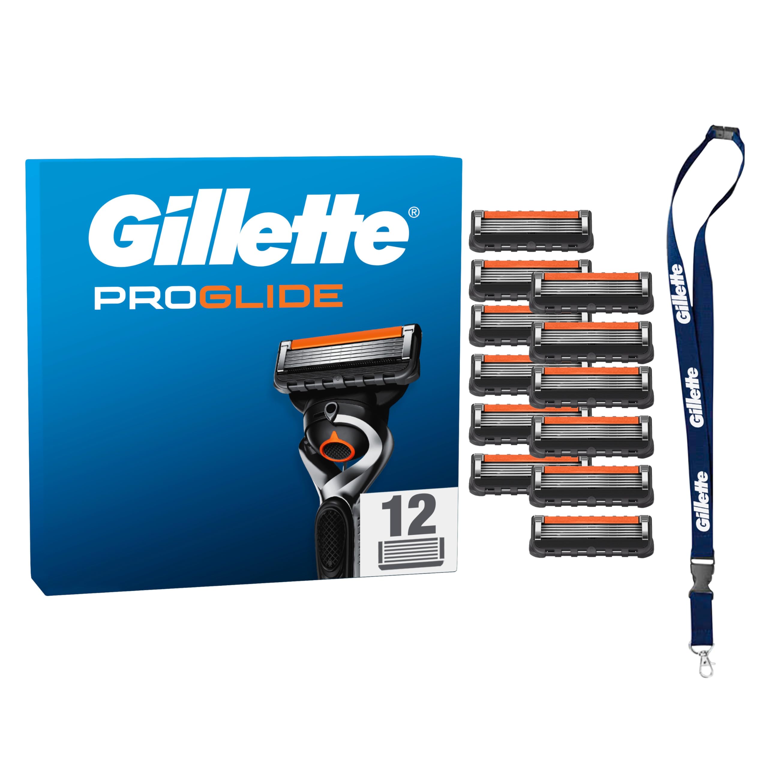 تیغ‌های جایگزین ۱۲ عددی ژیلت Fusion5 Proglide به همراه ۲ عدد نوار روان‌کننده قبل و بعد از تیغ‌ها و نوار روان‌کننده جدید EverGlide برای نزدیکی و راحتی فوق‌العاده. ۱۲ تیغ + حلقه کلید.