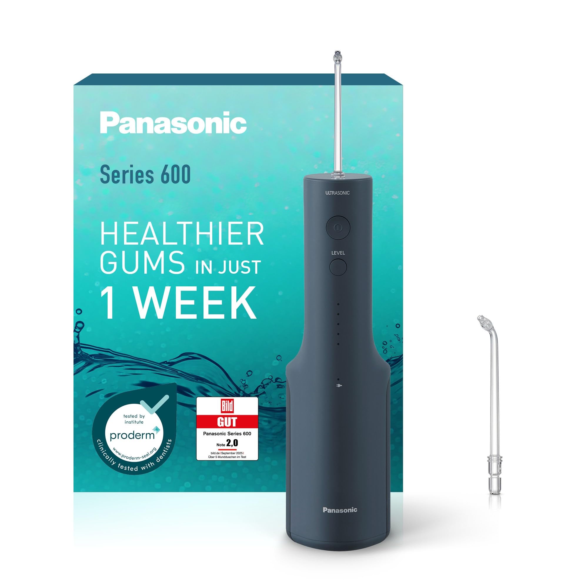 دستگاه شستشوی دهان و دندان اولتراسونیک پاناسونیک سری 600 مدل EW-DJ66-A303، دستگاه شستشوی دهان و دندان بی‌سیم، 200 میلی‌لیتر، IPX7، 2 نازل اولتراسونیک، 5 سطح فشار آب، لوازم جانبی مسافرتی، آبی سرمه‌ای