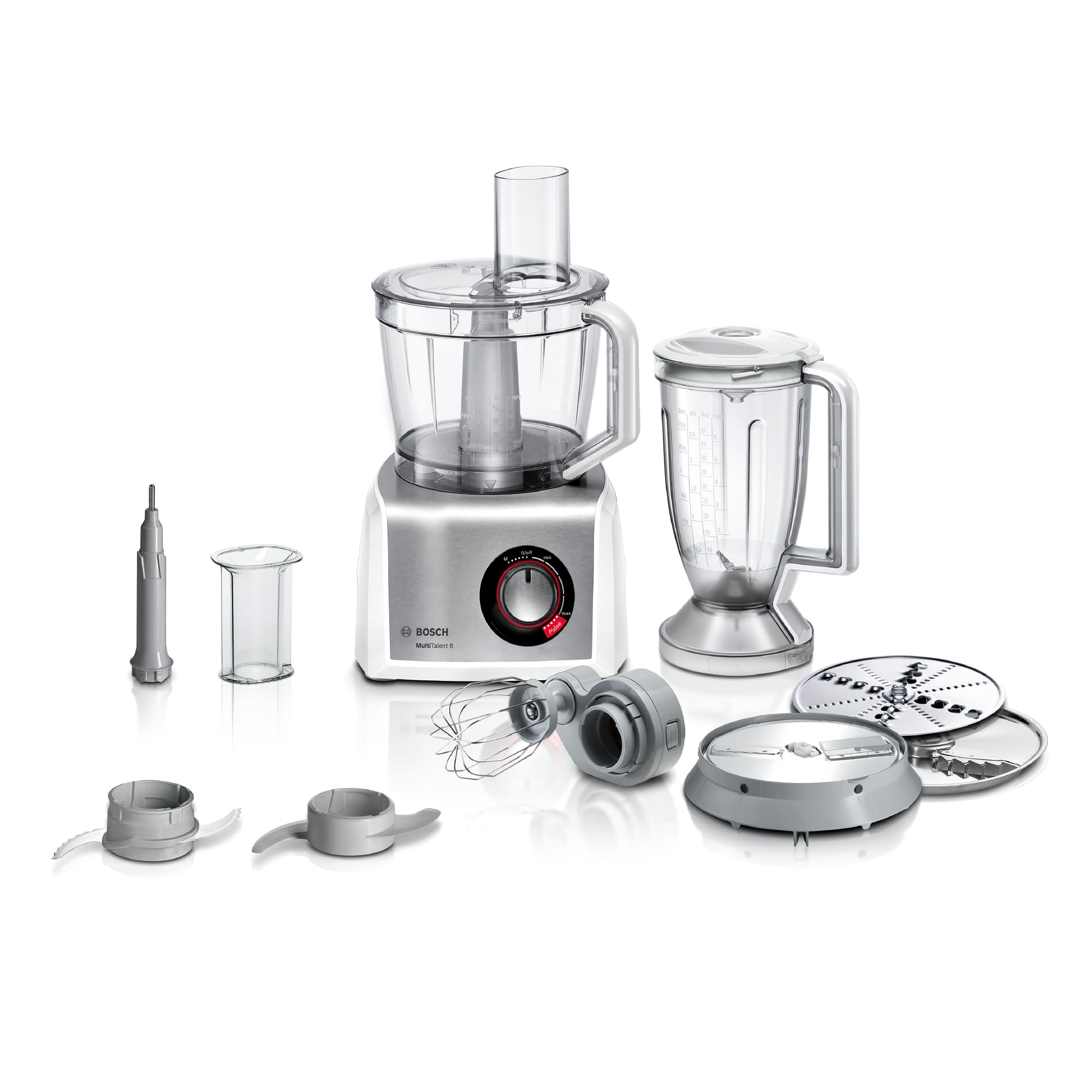 غذا ساز بوش آلمان  Bosch MC812S814، 45 کارکرد، کاسه مخلوط کن XXL (3.9 لیتر)، مخلوط کن (1.5 لیتر)، تیغه جهانی، همزن، برش و رنده (ریز، درشت)، 1250 وات